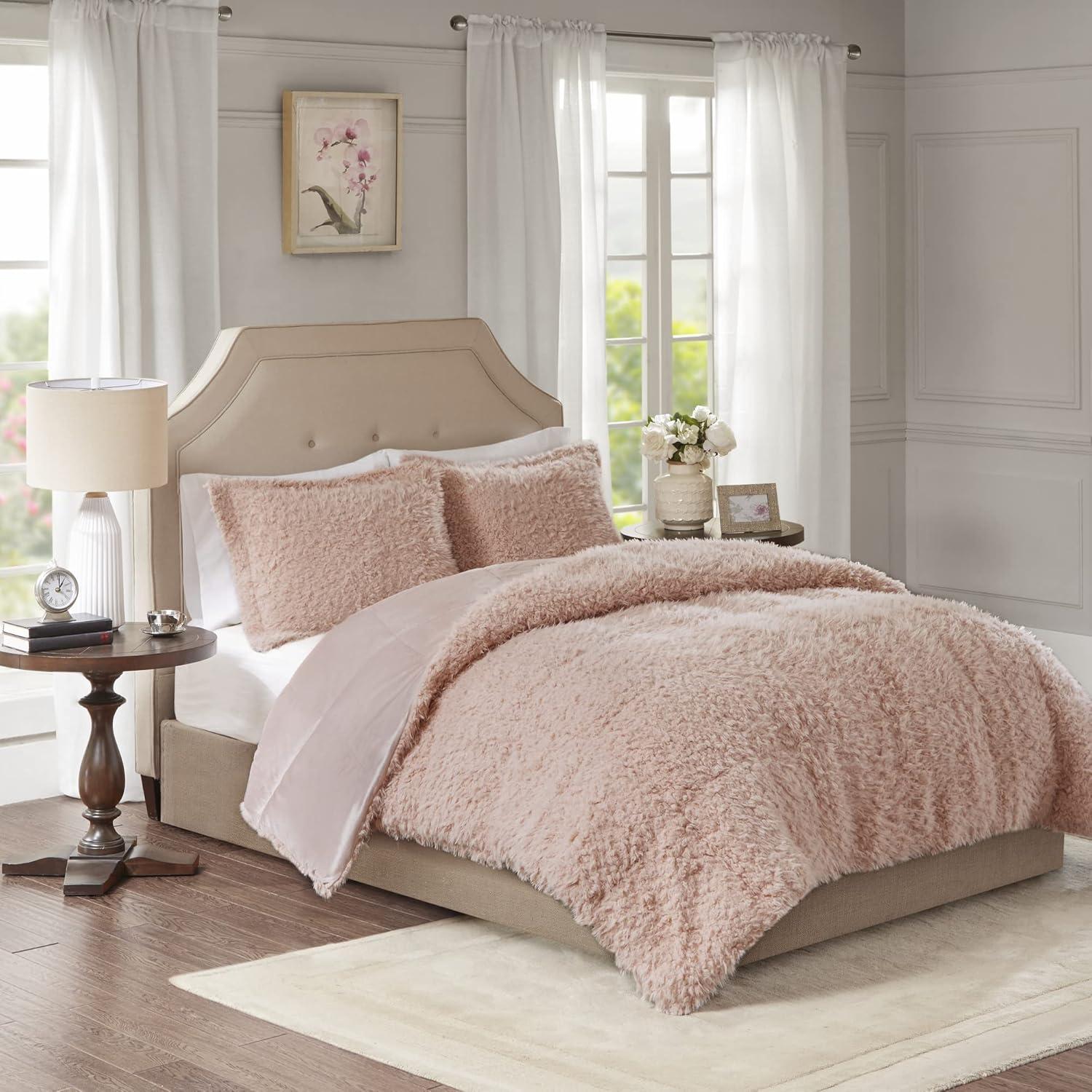 Blush Twin Faux Mohair and Mink Comforter Set