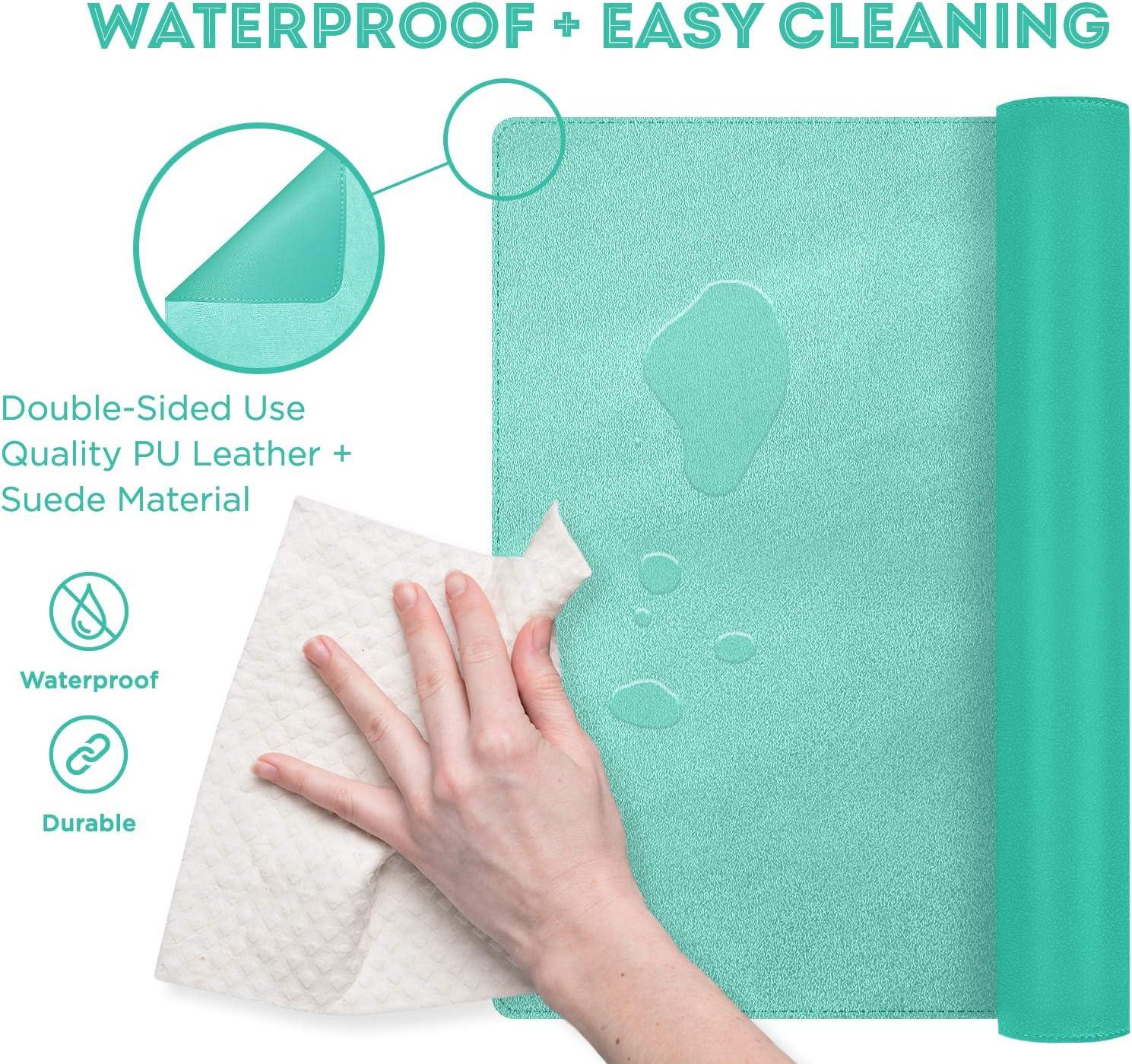 FTC PU Leather Desk Pad and Blotter, Non-Slip Flannelette Base, Stitched, Mouse and Writing Mat - 31.5” x 15.75” Turquoise