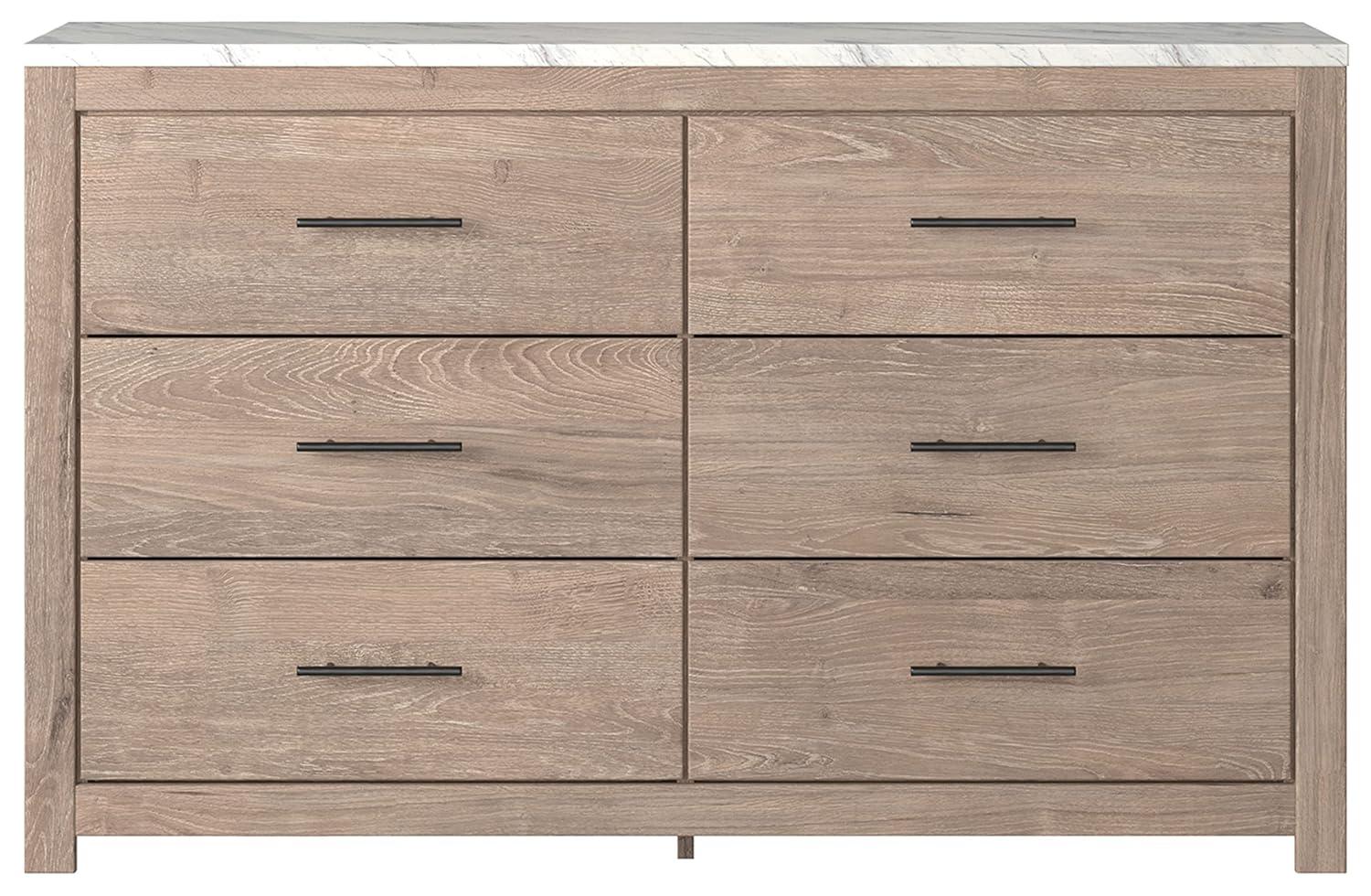 Light Brown and White Faux Marble Top 6-Drawer Dresser