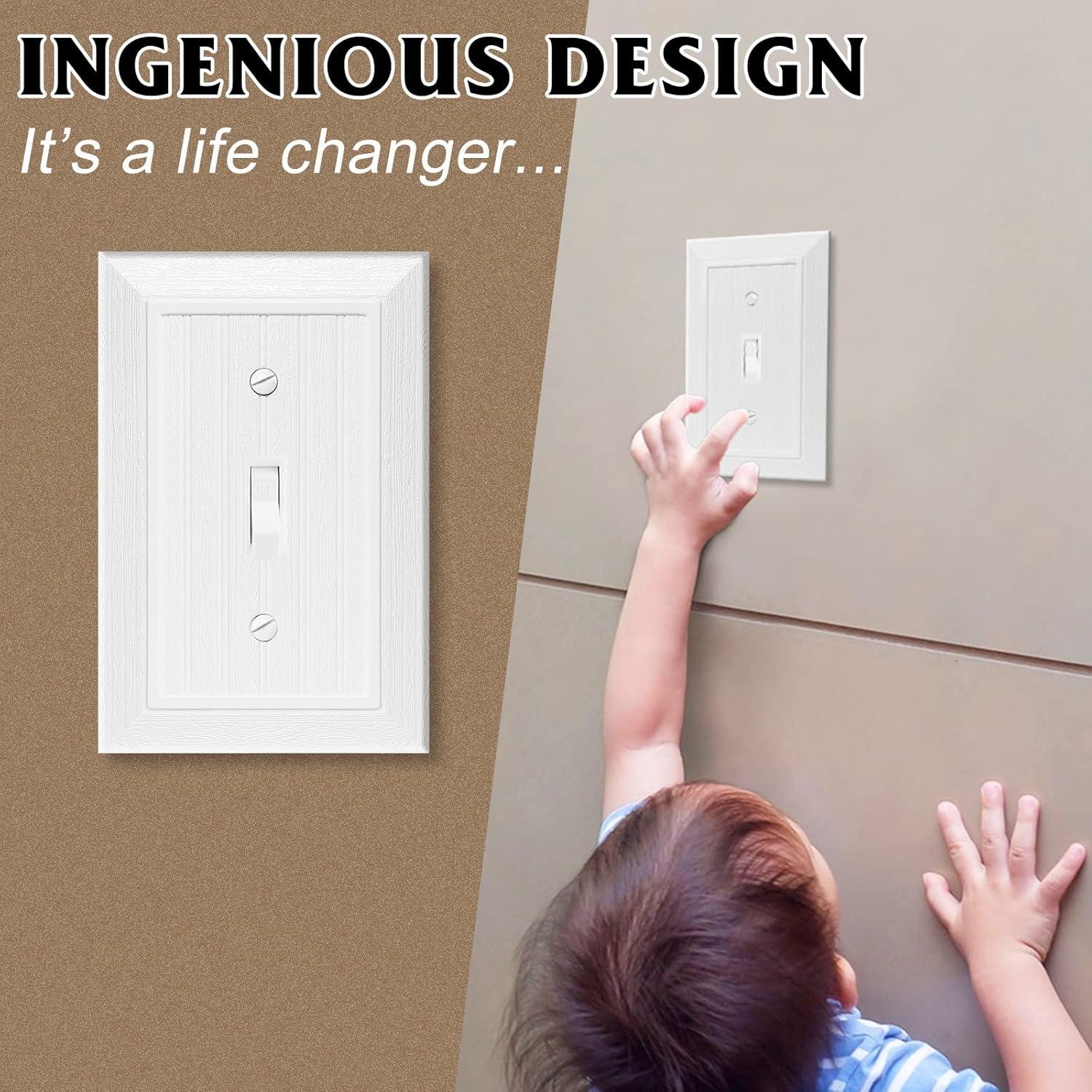 Modern Decorative Wall Plate Switch Plate Outlet Cover, Vintage Retro Wood Grain Design(Single Toggle-4 Pack, White)