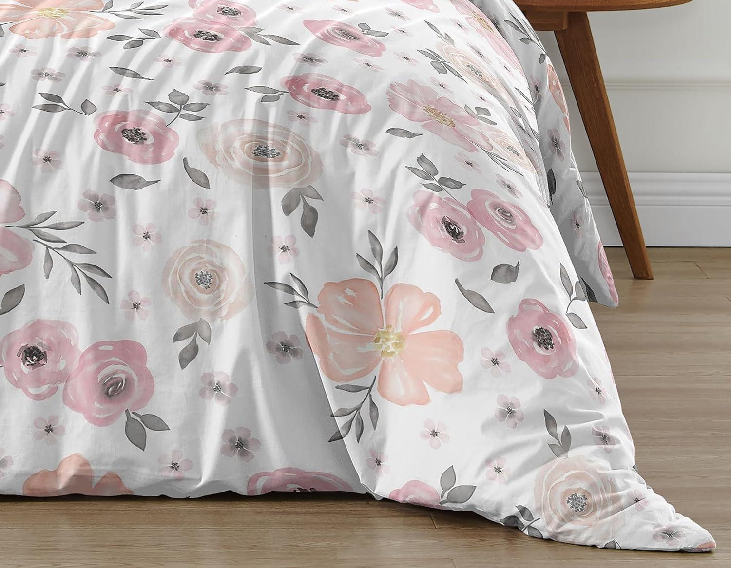 Sweet Jojo Designs Queen Duvet Cover and Shams Set Watercolor Floral Pink and Grey 3pc