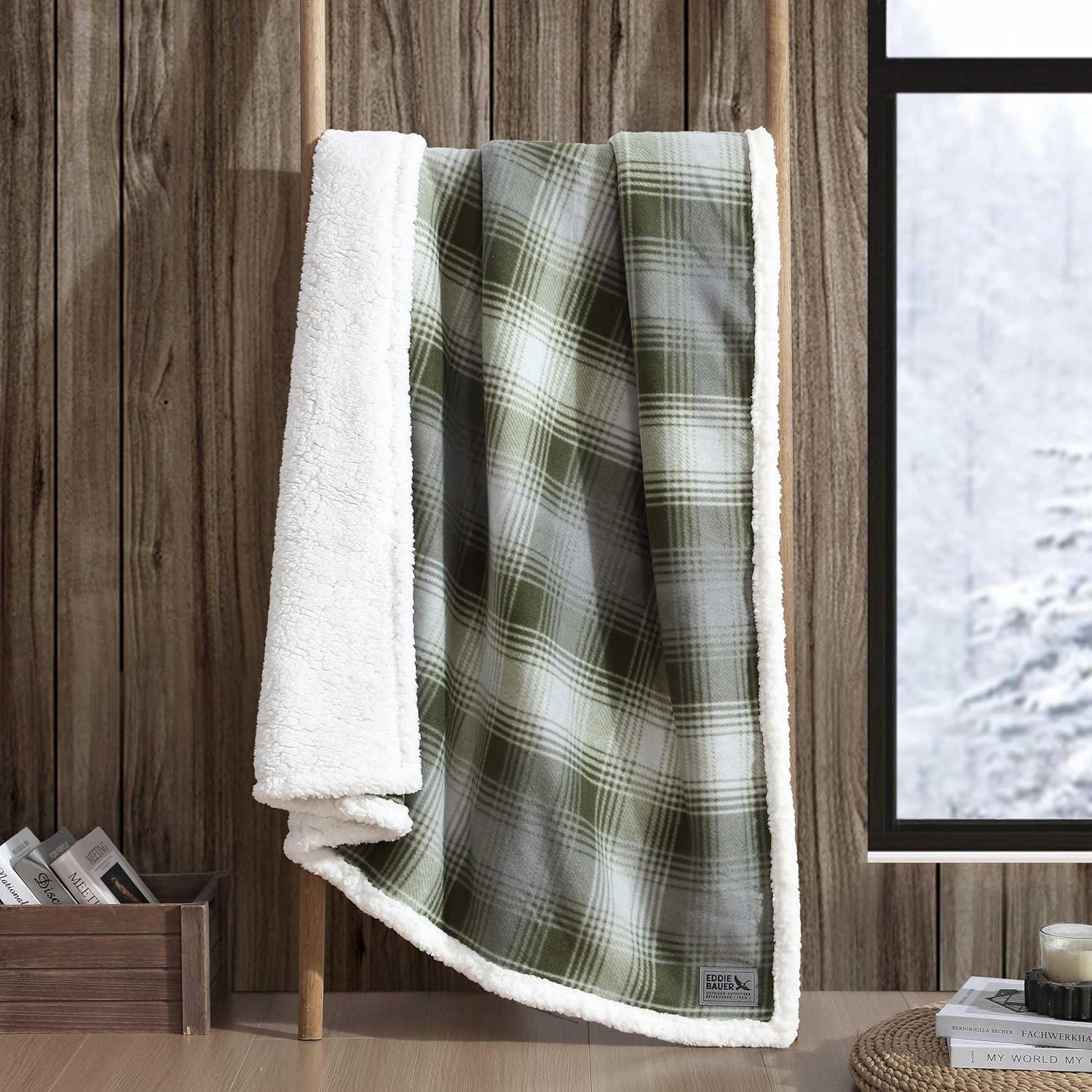 Eddie Bauer - Throw Blanket, Brushed Fleece Bedding with Sherpa Reverse, Soft & Cozy Plaid Home Decor for Bed or Couch (Nordic Plaid Green, Throw)