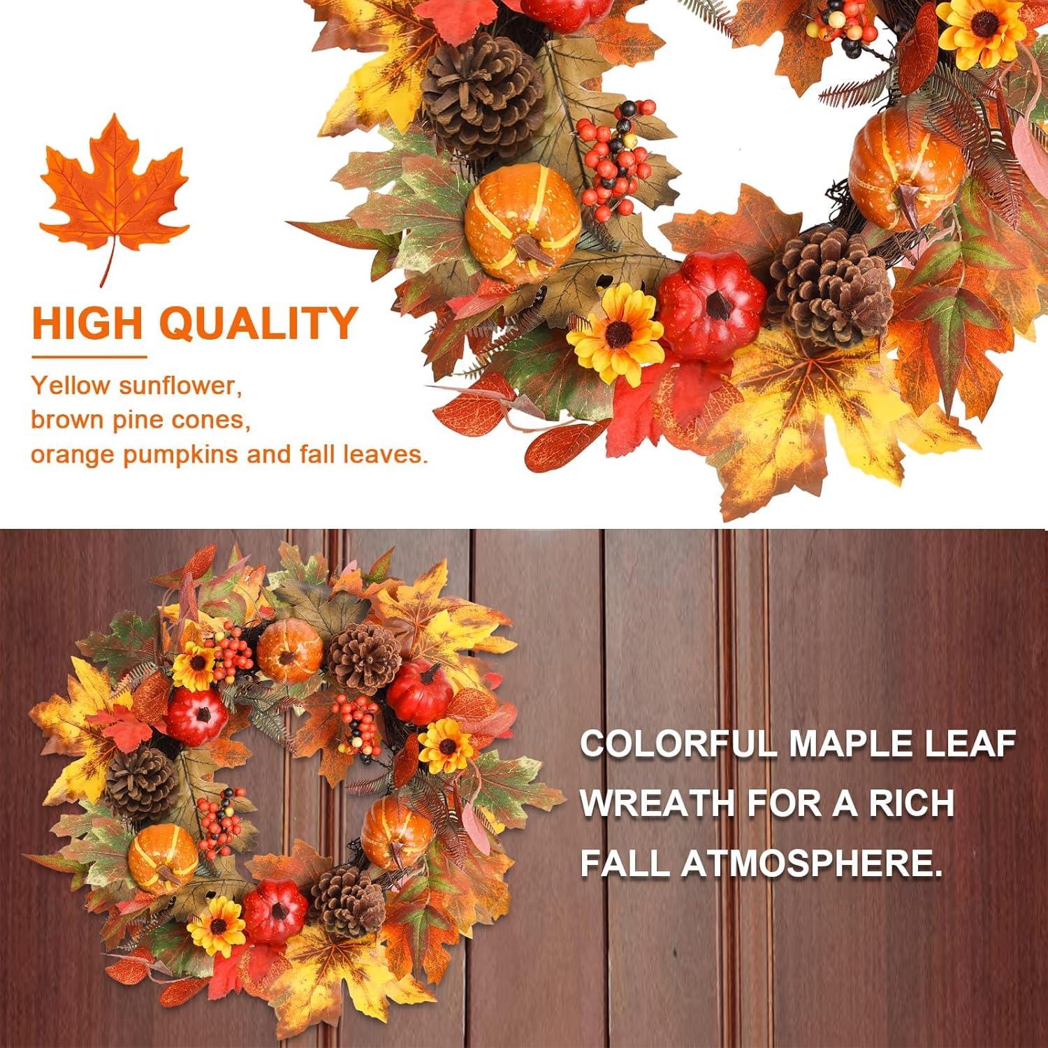 Fall Wreath 20’’ Autumn Front Door Wreath Harvest Wreath with Sunflower Pumpkins Berries Maple Leaves Daisies for Outside Indoor Home Wall Festival Thanksgiving Autumn Farmhouse Decor