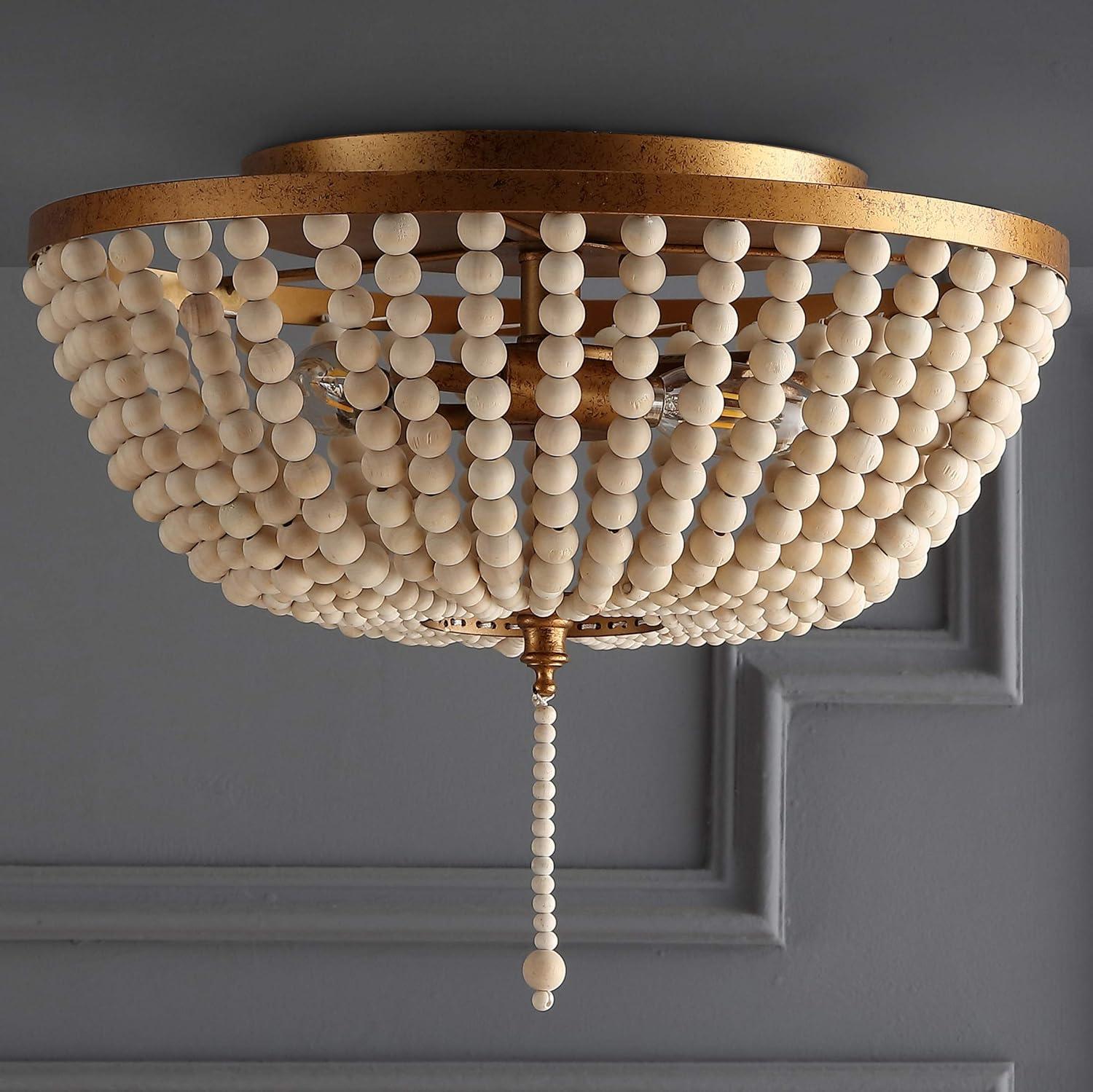 Allison 15" Wood Beaded/Metal LED Flush Mount, Antique Gold / Cream