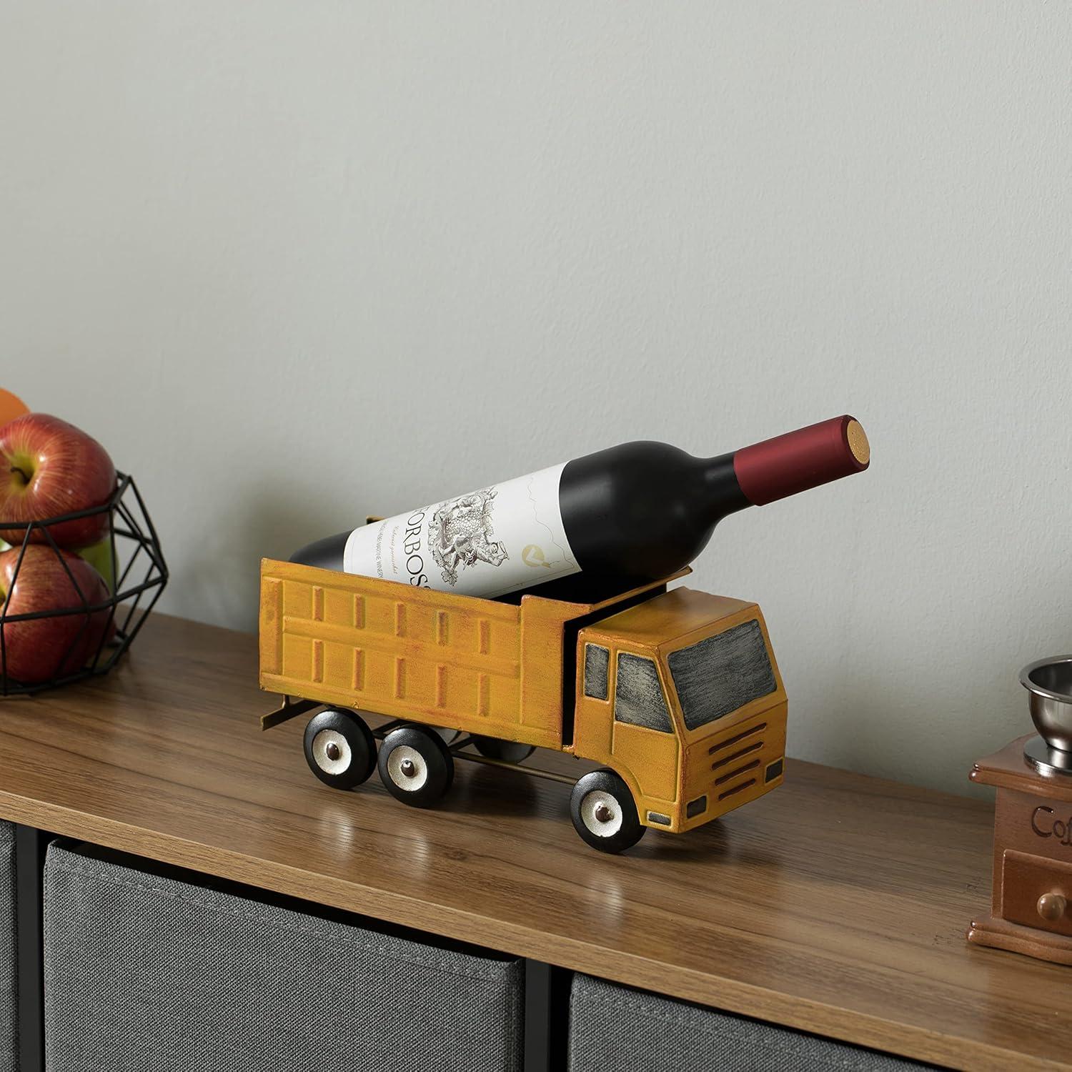 Vintiquewise Decorative Rustic Metal Yellow Single Bottle Truck Wine Holder for Tabletop or Countertop