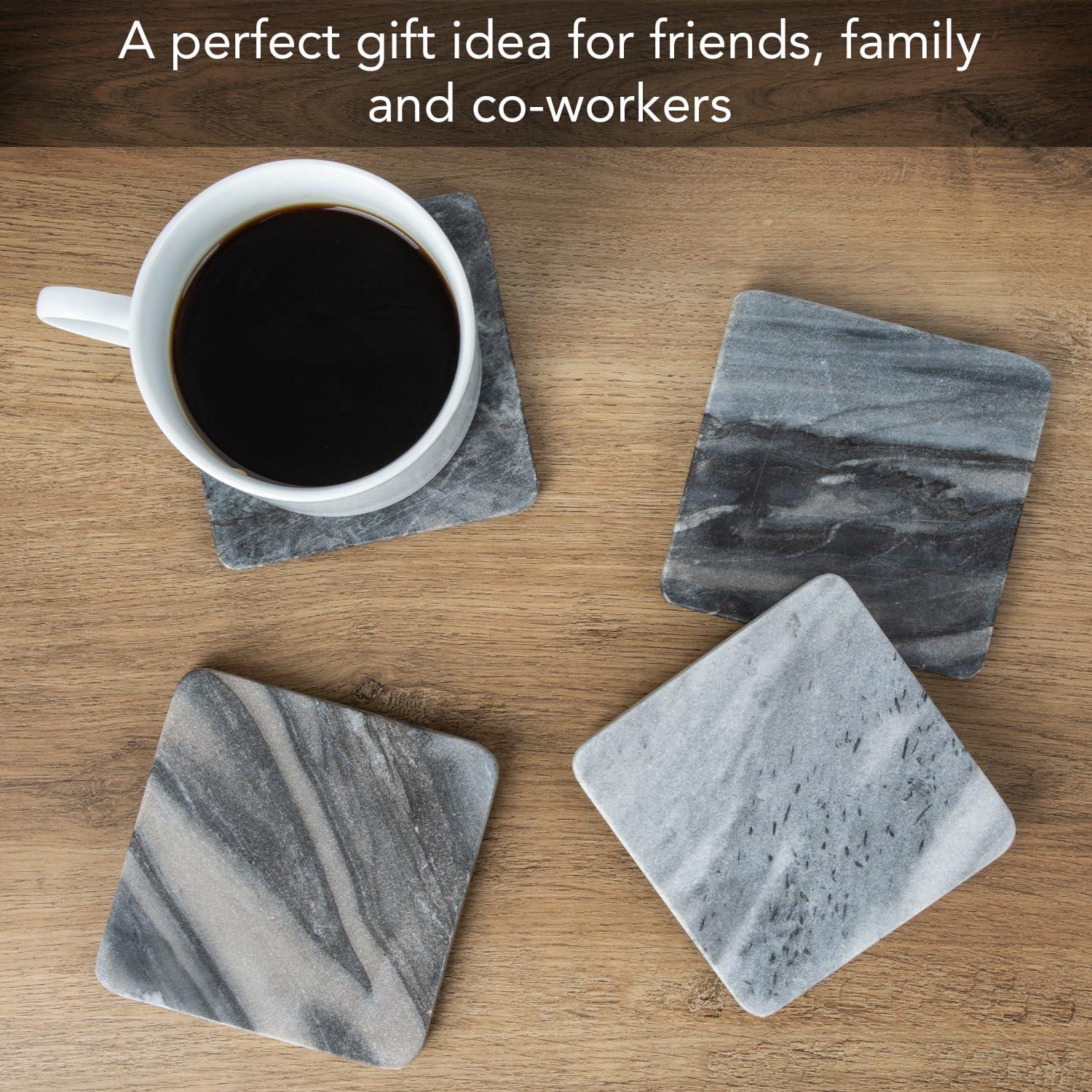 Thirstystone 4 Pack Natural Marble Square Coasters with Protective Cork Backing, Elegant, Luxourious, Easily Wipes Clean