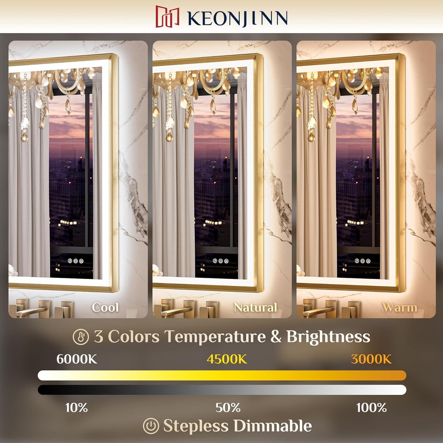 Keonjinn LED Bathroom Vanity Mirror, Front Light & Backlit, 3 Color Temperatures, Anti Fog, Double Lights Strips, 24"x32"