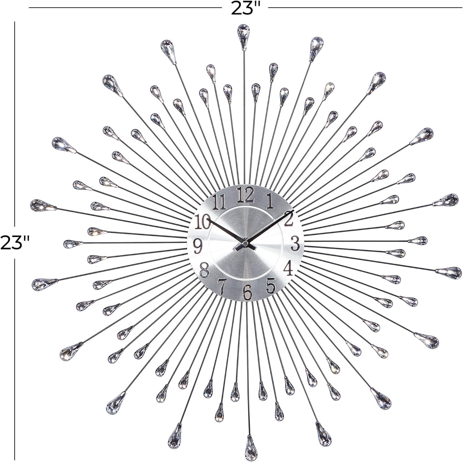 Silver Polished Metal Starburst Wall Clock with Crystal Embellishments