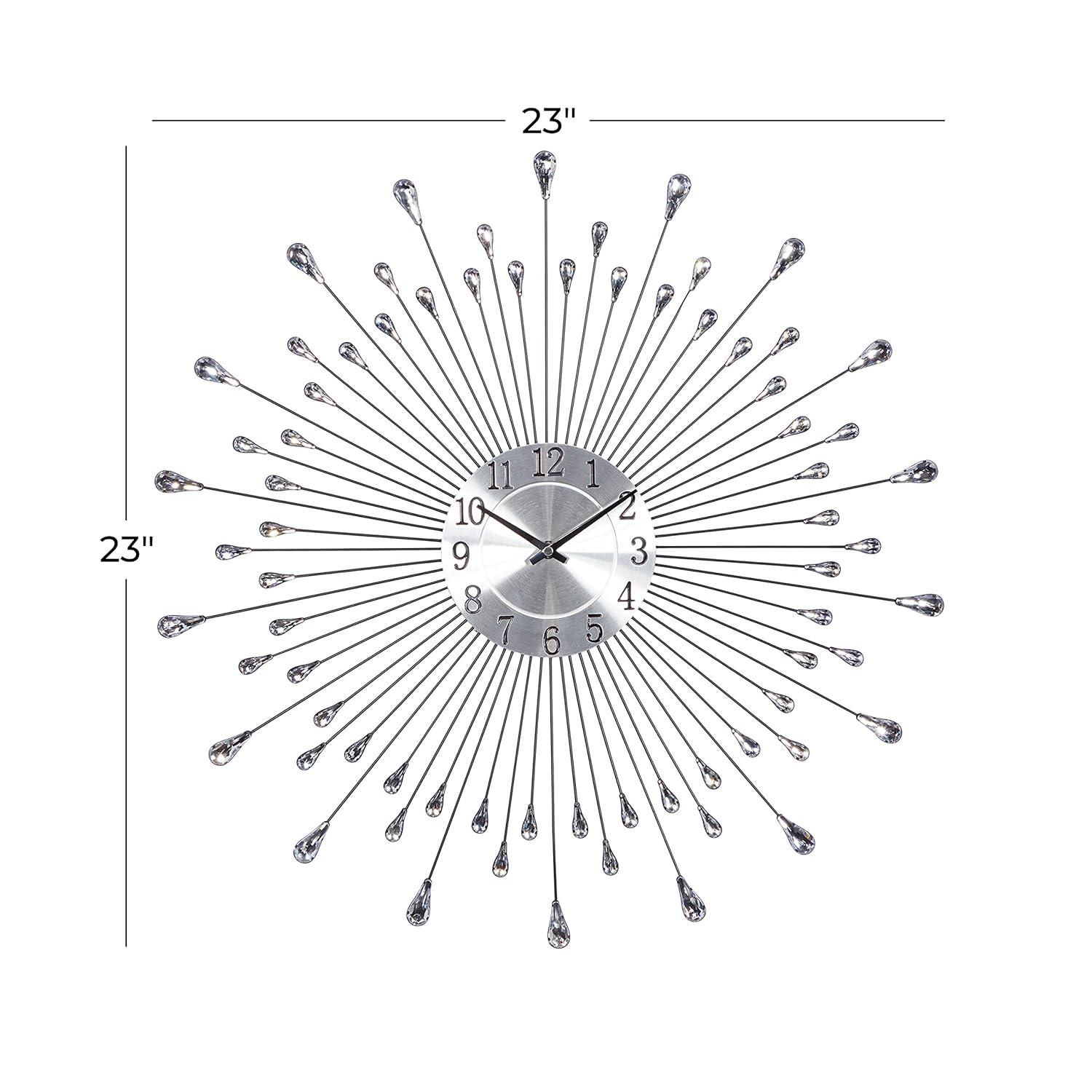 DecMode 23" Silver Metal Starburst Wall Clock with Crystal Embellishment