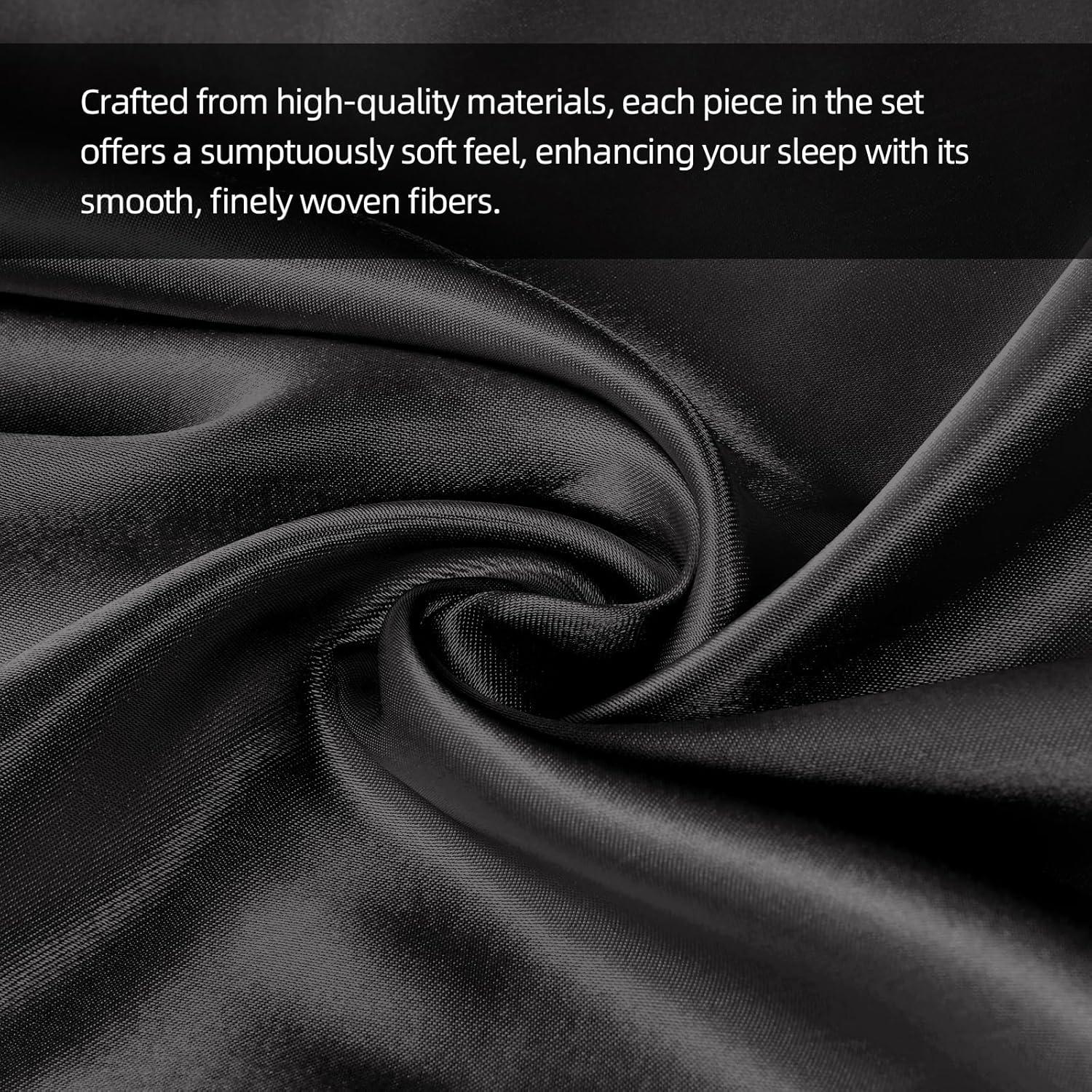 INKEDZ Satin Bed Sheets, Queen Size Sheets Set, 4 Pcs Silky Bedding Set with 15 Inches Deep Pocket for Mattress (Queen, Black)