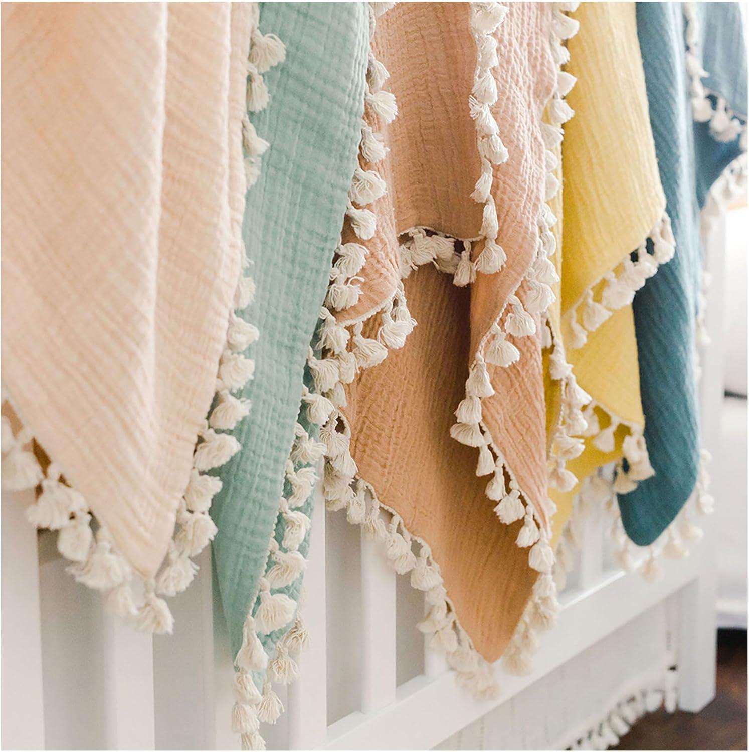 Crane Baby 6-Layer Muslin Baby Blanket with Tassel Edge