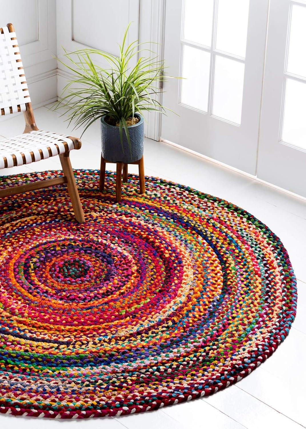 Unique Loom Braided Chindi Collection Area Rug - Layer (6' 1" Round Multi/Blue)