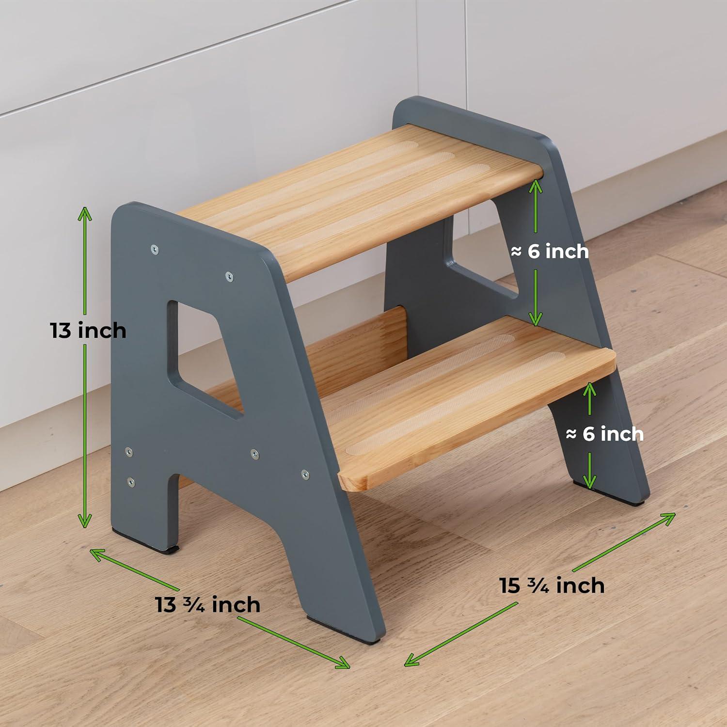 Gray and Natural Wooden Toddler Step Stool with Non-Slip Steps