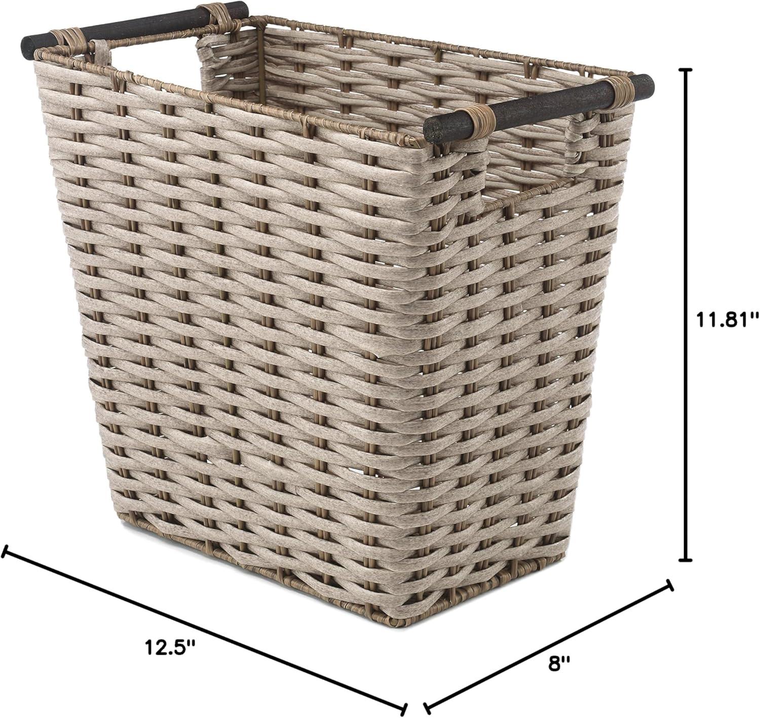 Beige Woven PE Rush Waste Basket with Wood Handles