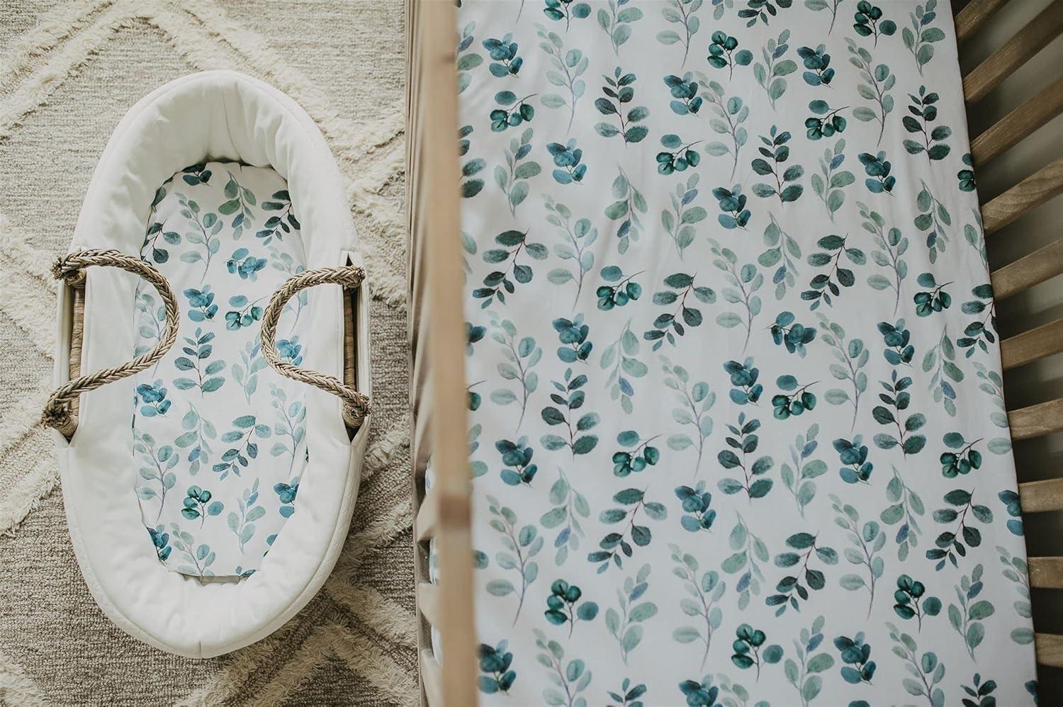 NODNAL CO. Green Leafy Cotton Bassinet Fitted Sheet Set, 100% OEKO-TEX Cotton, 3 Pieces, for Newborn Infant Baby Girl or Boy Nursery Bedding, Gender Neutral Leafs, Greenery, Floral Eucalyptus