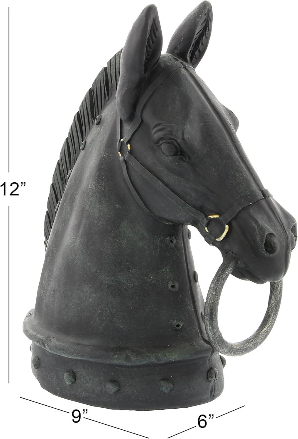 9" x 12" Black Polystone Antique Style Head Horse Sculpture with Hitching Post and Gold Accents, by DecMode