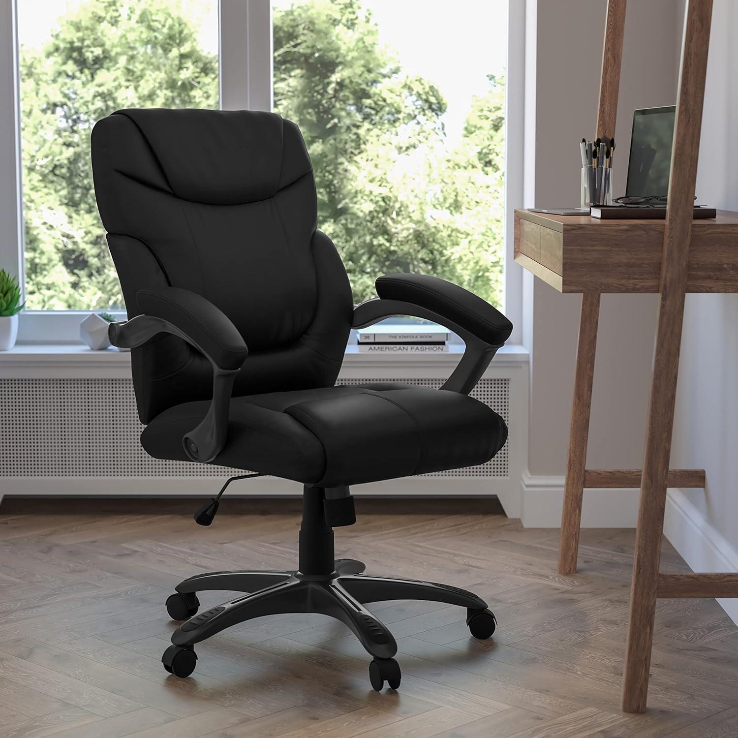 Mid-Back Black Leather Executive Swivel Office Chair with Fixed Arms