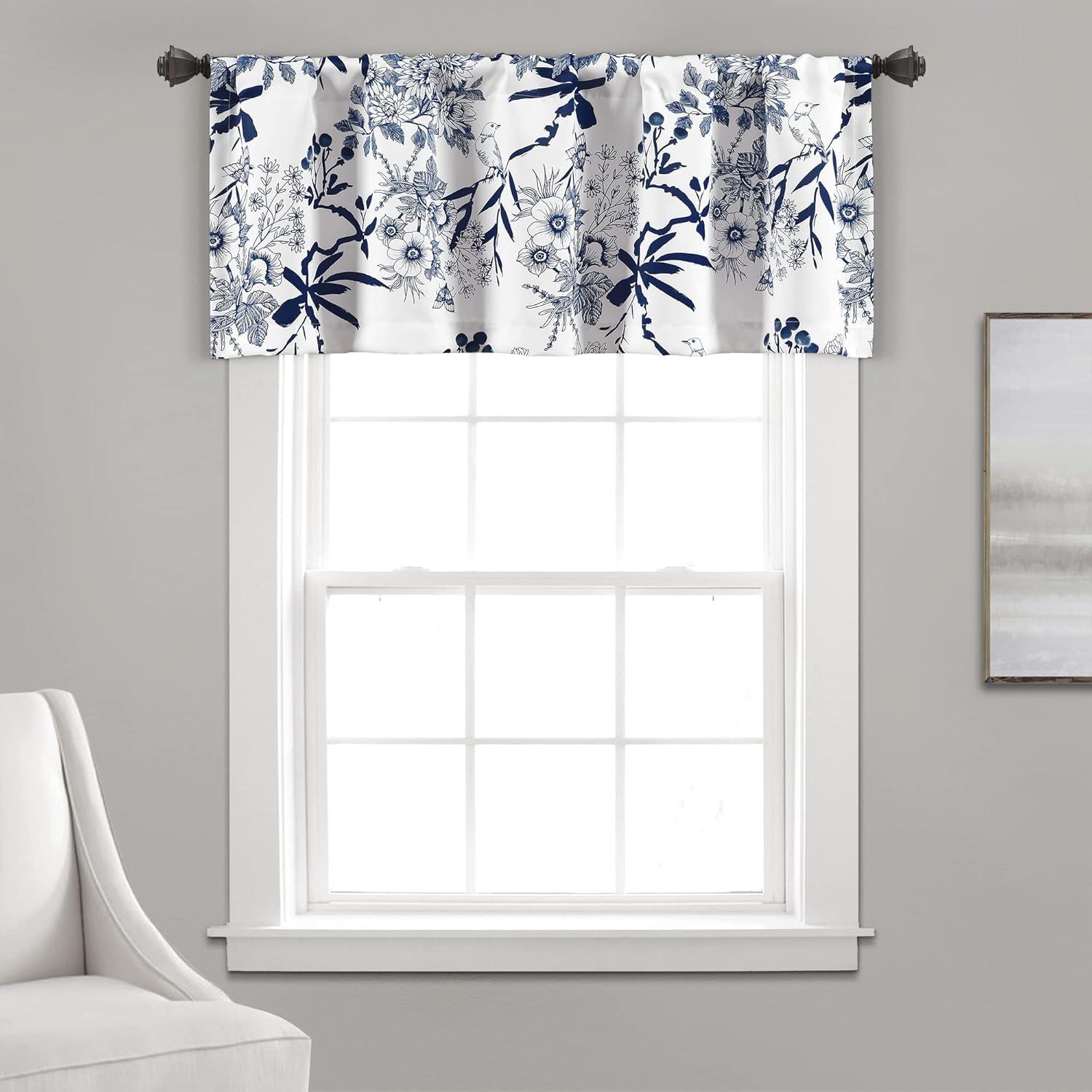 Navy and White Floral Botanical Garden Window Valance