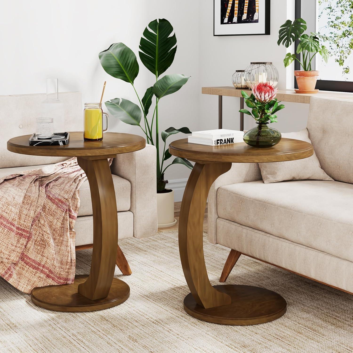 Hommoo C-Shaped End Table, Round Solid Wood Side Table for Living Room Brown