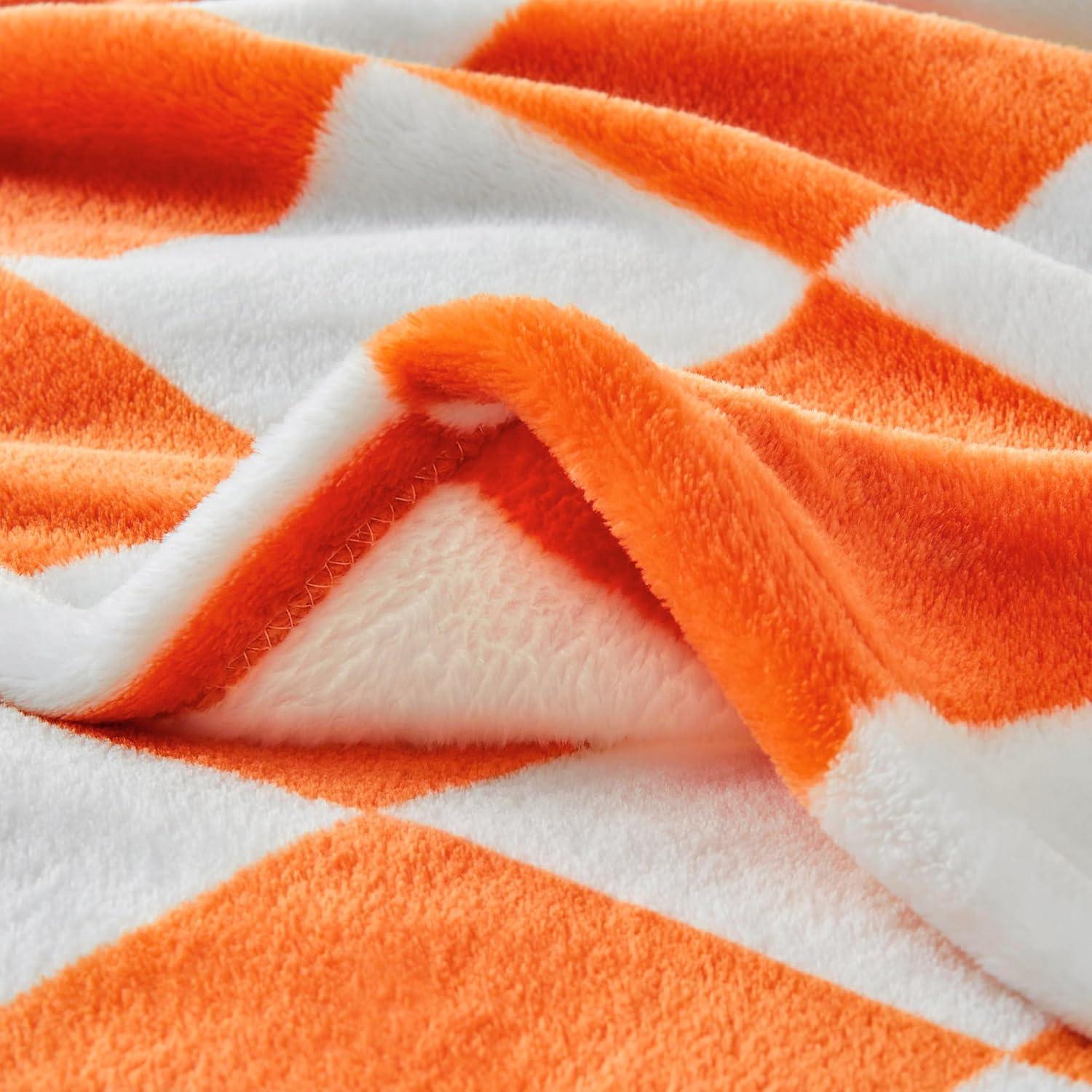 Checkered Throw Blanket for Couch and Bed, Luxurious Fleece Blanket with Checkerboard Grid Home Decor, Soft Cozy Orange and White Warm Blankets for Spring, 50"x60"