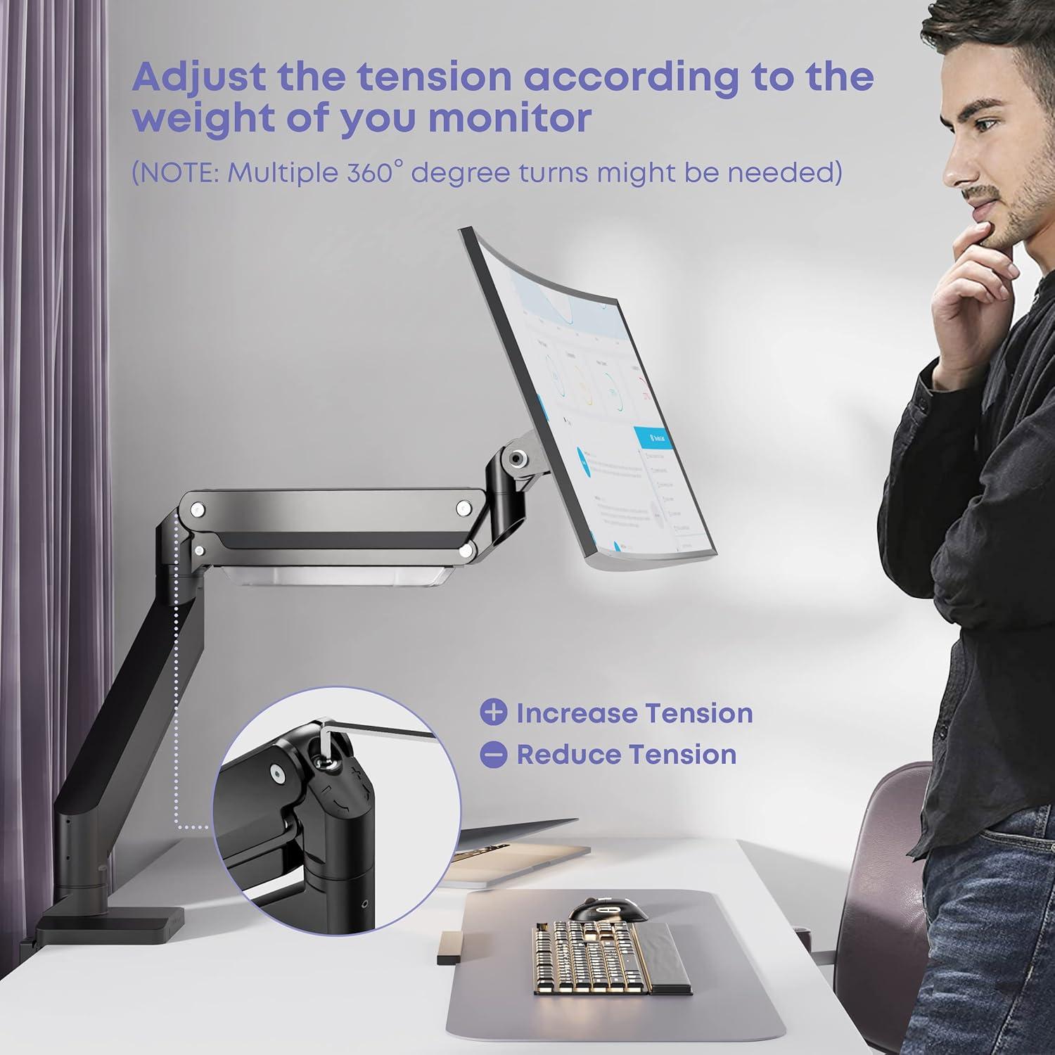 Heavy Duty Monitor Arm for Ultrawide Screens up to 49 inch and 39.6lbs, Premium Aluminum Single Desk Mount Stand with Gas Spring, VESA 75x75/100x100