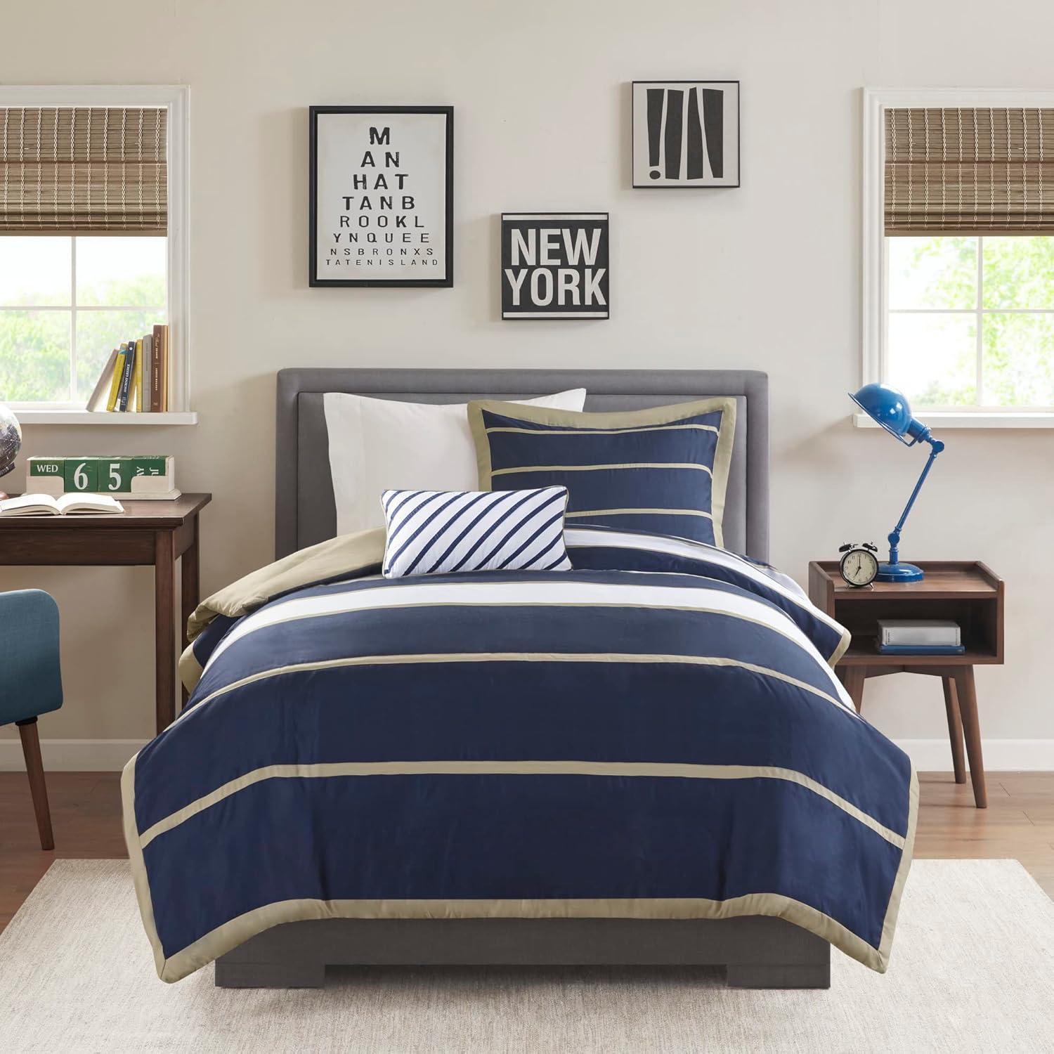 Navy and Khaki Striped Twin/Twin XL Duvet Cover Set