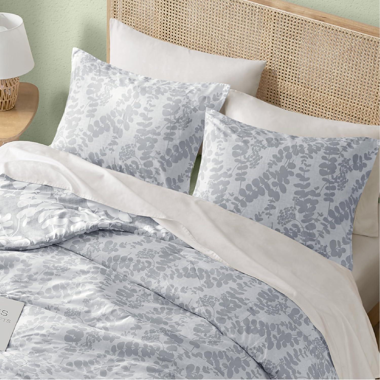 Codi Gray Floral Comforter Set Queen Size, Botanical Bedding Sets | Nature Style, Unique Reversible Design, Better for Spring and Summer | Leaf Print 3 Pieces