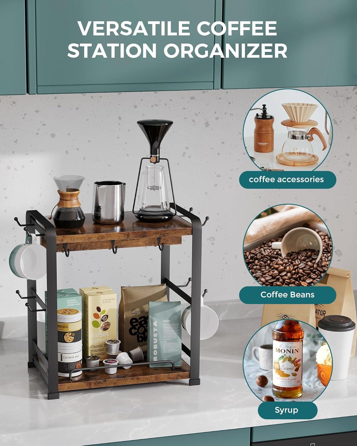 17 Stories Coffee Bar Organizer With 14 Mug Hooks, Wood Coffee Mug Holder Stand For Countertop, 2 Tier Coffee Station Organizer For Coffee Cups, Mugs, Syrups, Accessories