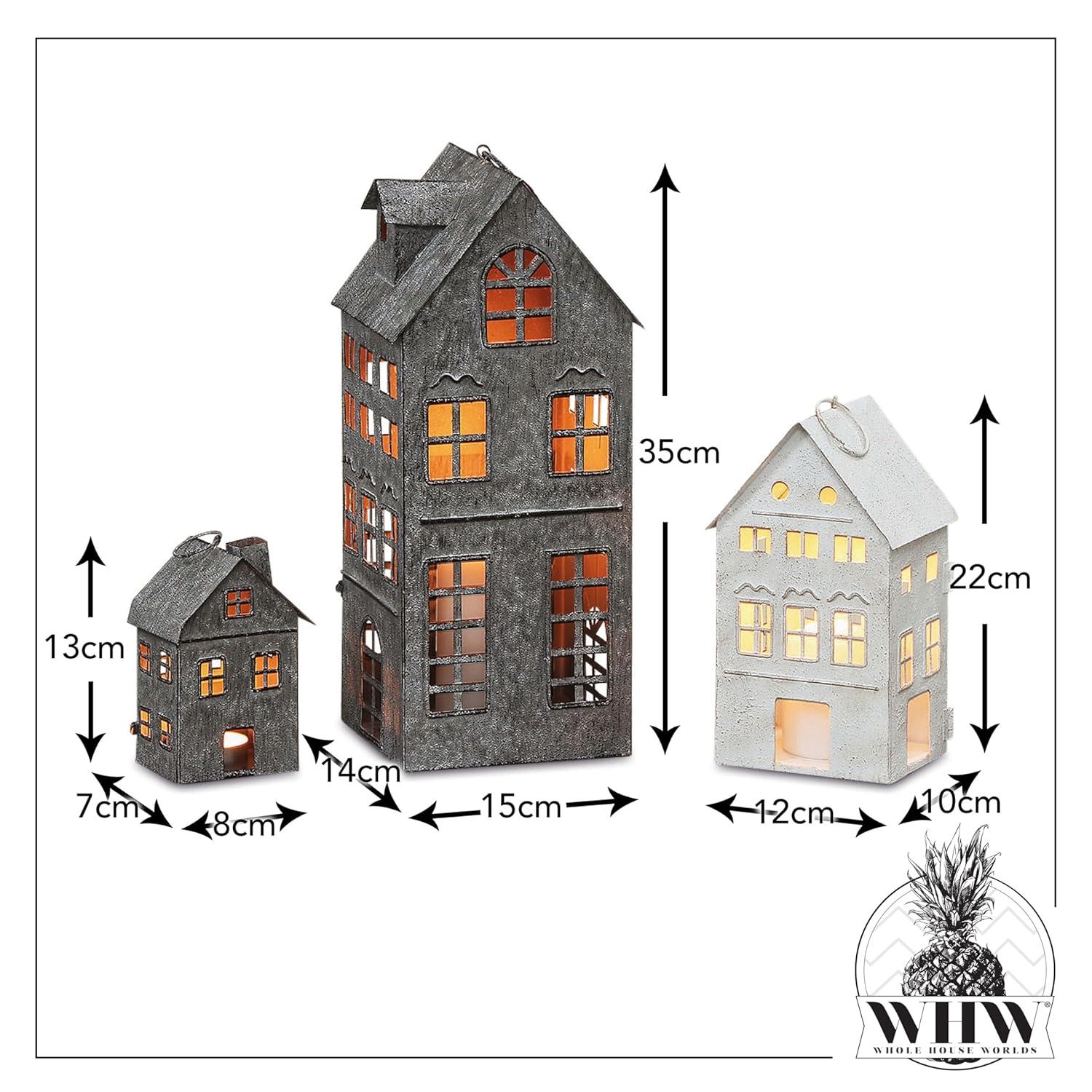 Americana Main Street Town House Candle Lanterns, Set of 3, Vintage Style, Weathered White and Rustic Gray, Metal, Hinged Doors, 14 1/2, 8 3/4 and 5 1/8 Inches Tall