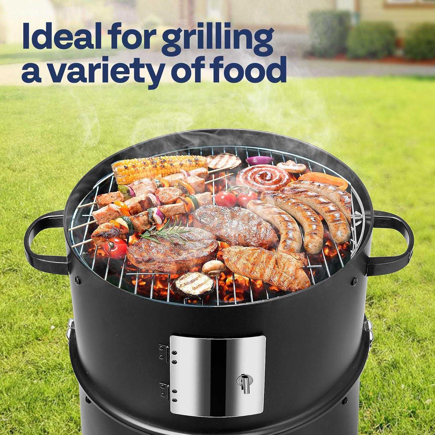 3-in-1 Vertical Charcoal Grill, Outdoor BBQ Charcoal Smoker with Built-in Thermometer, Air Vent, and 2 Access Doors, Perfect for Camping, Picnics, Backyard BBQs, and Tailgating Parties