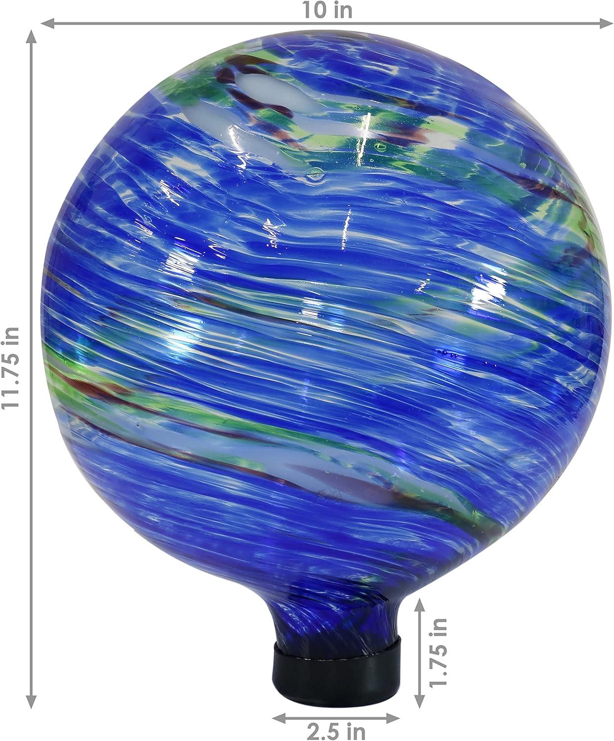 Sunnydaze Northern Lights Glass Gazing Globe with Stemmed Bottom and Rubber Cap - 10" Diameter - Blue and Green Swirl - Set of 2
