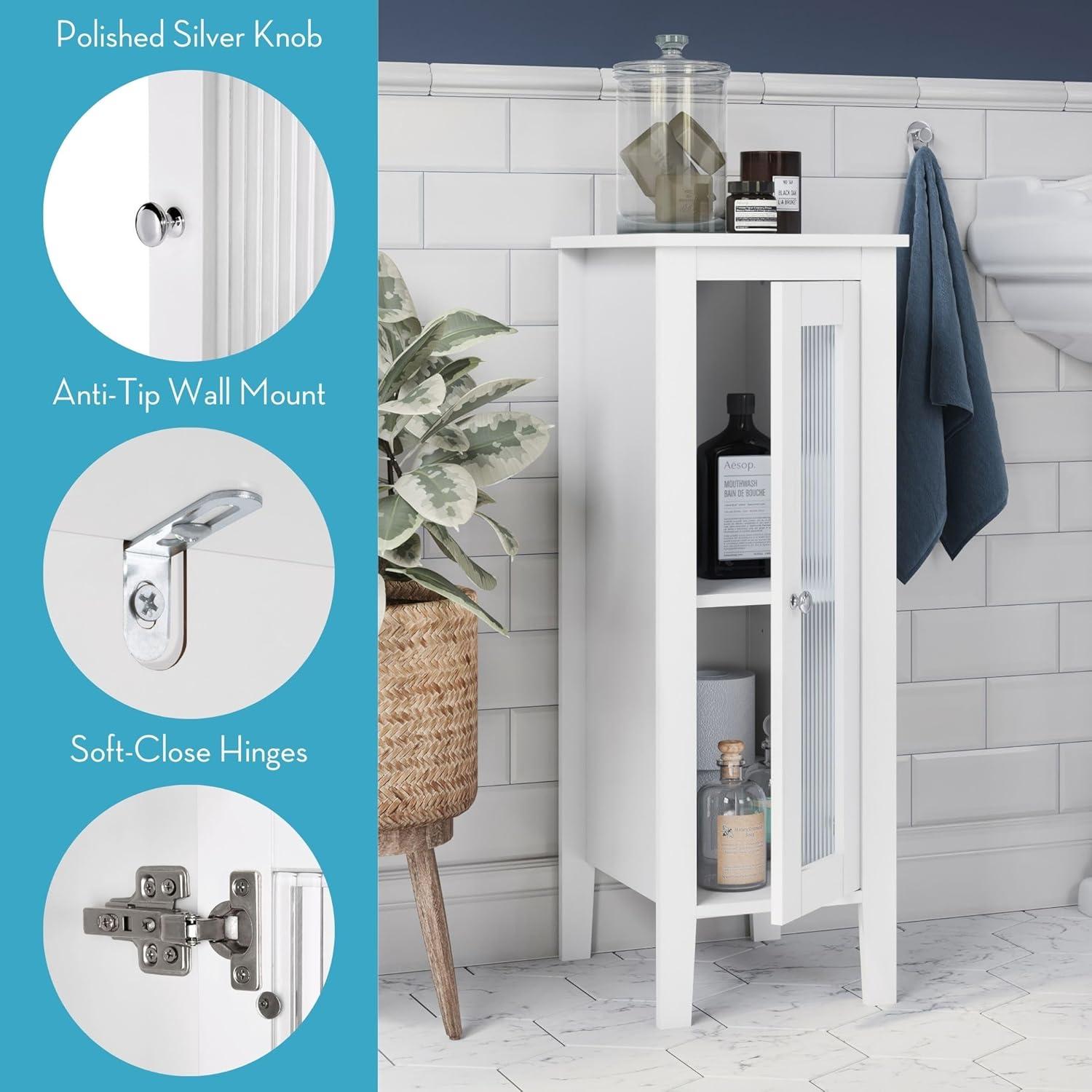 White Slim Bathroom Cabinet with Reeded Glass Door and Adjustable Shelves