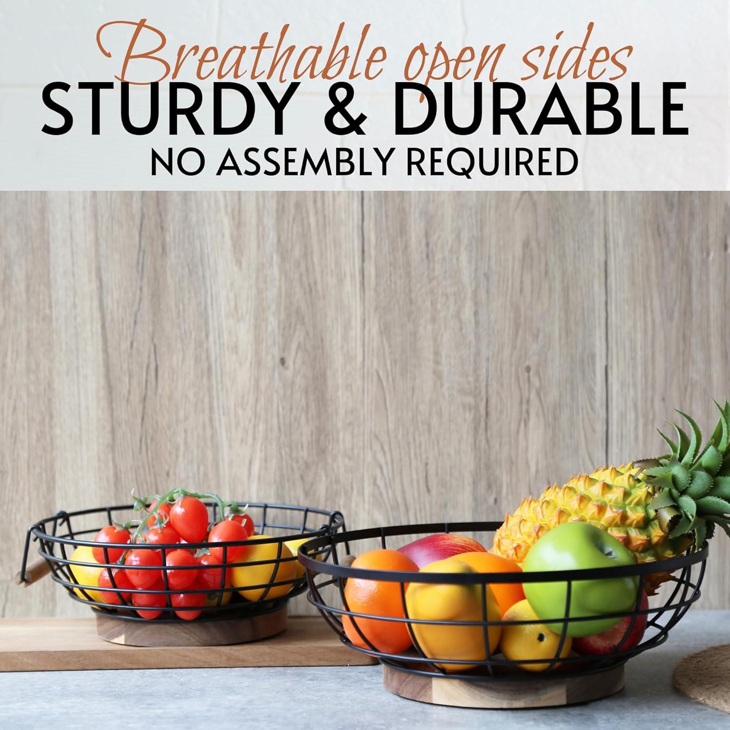 Fruit Basket,black Wire Basket with Acacia Wood Base,large Fruit Bowl for Countertop,black Baskets for Fruits, Breads, Vegetables Storage. (10-inch)