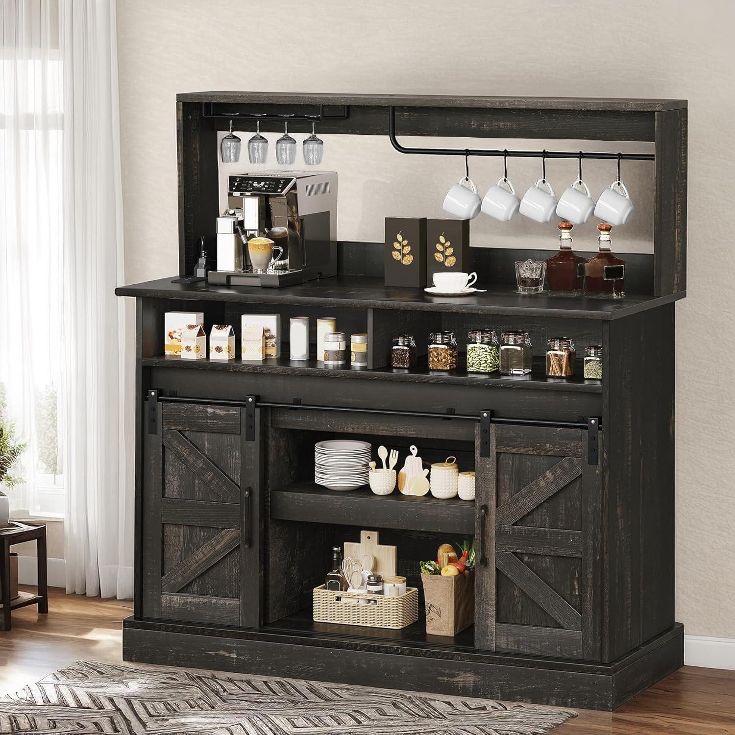 Gracie Oaks Gracie Oaks Farmhouse Coffee Bar Cabinet with Power Outlets, Goblet Holder & Sliding Barn Doors