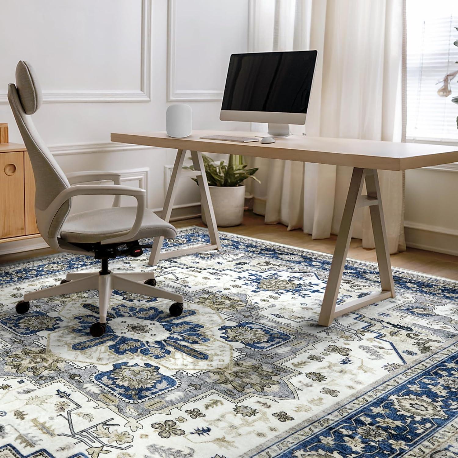 GlowSol 8x10 Floral Area Rug for Living Room Bedroom Retro Distressed Area Rug Traditional Medallion Non-Slip Low Pile Carpet Floor Decoration, Blue
