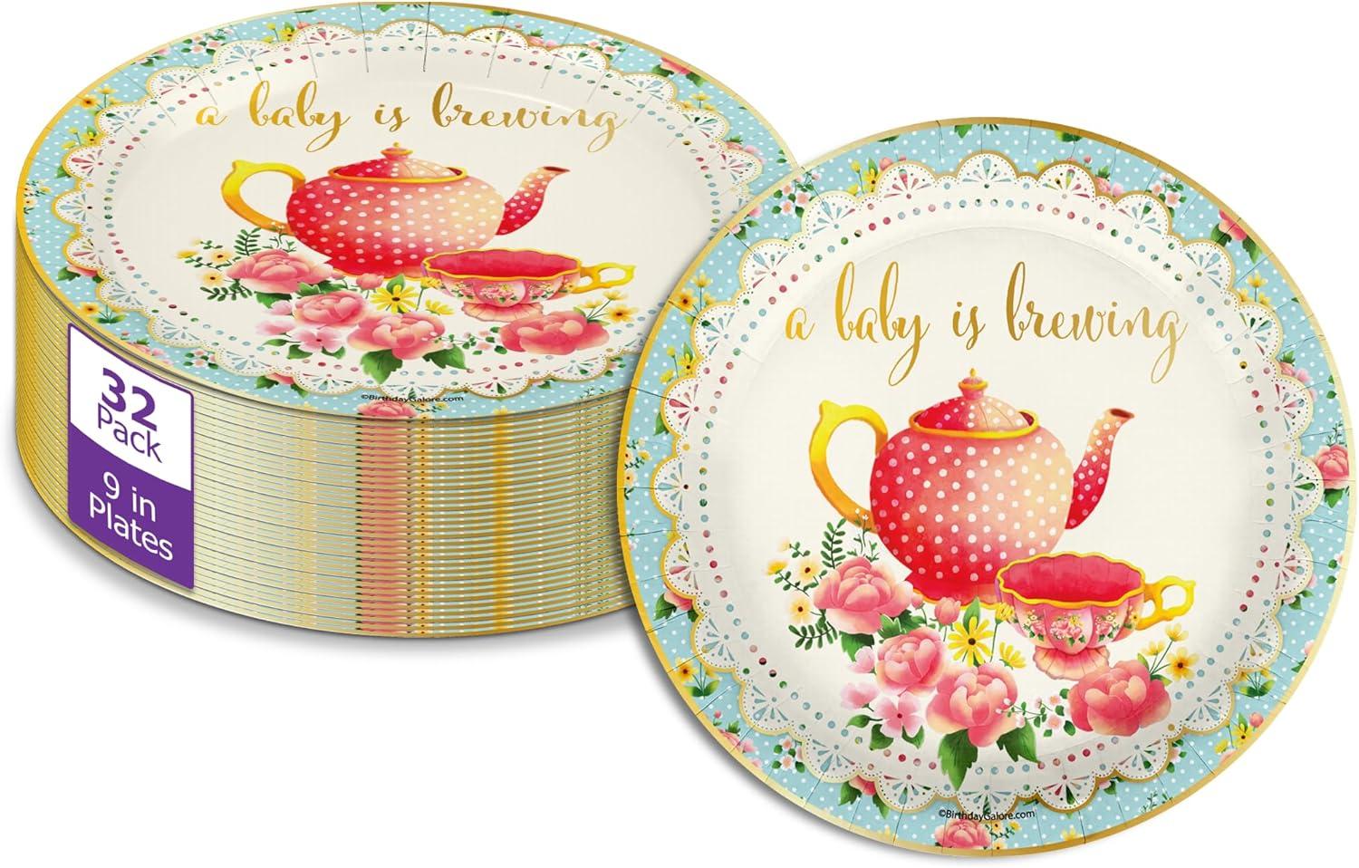 A Baby is Brewing Tea Baby Shower Party Supplies Large 9" Paper Plates in Bulk 32 Piece