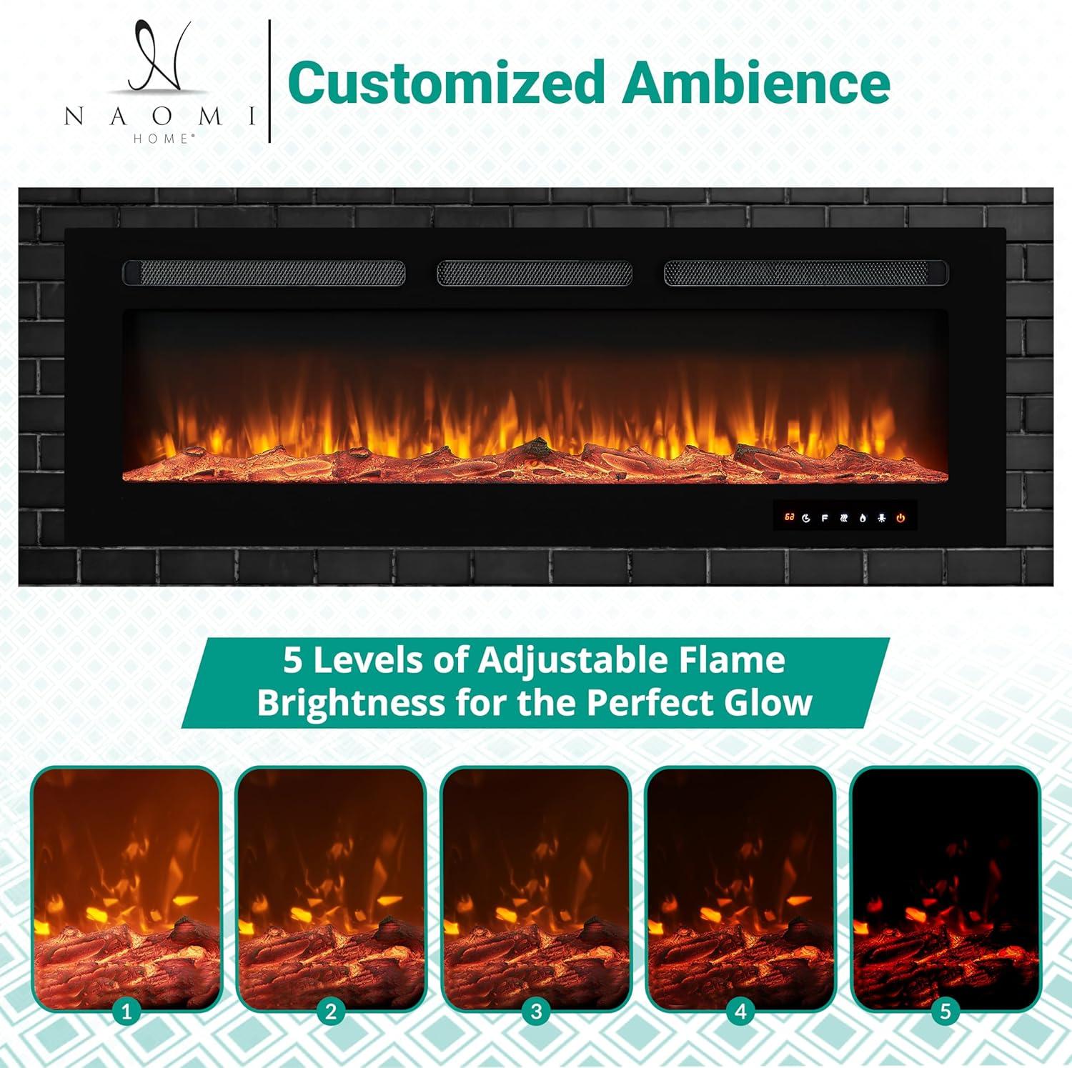 Tangkula 36"/40"/50" Recessed Electric Fireplace Wall Mounted Heater w/Remote Control 750W/1500W mode Adjustable Flame