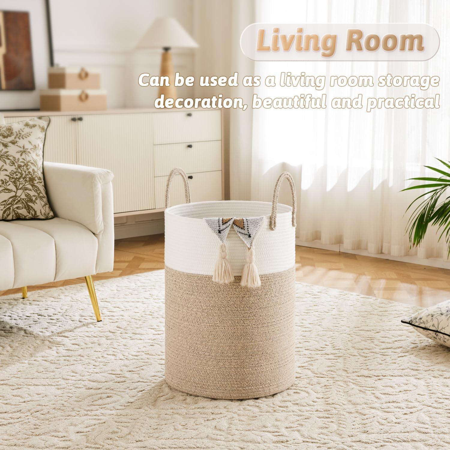 VCBAVC 60L  Laundry Hamper,Woven Cotton Rope Laundry Hamper  Handles,Large Capacity for Decorative Storage of Dirty Clothes,Toys and Blankets in Bathroom,Baby Room and Living Room