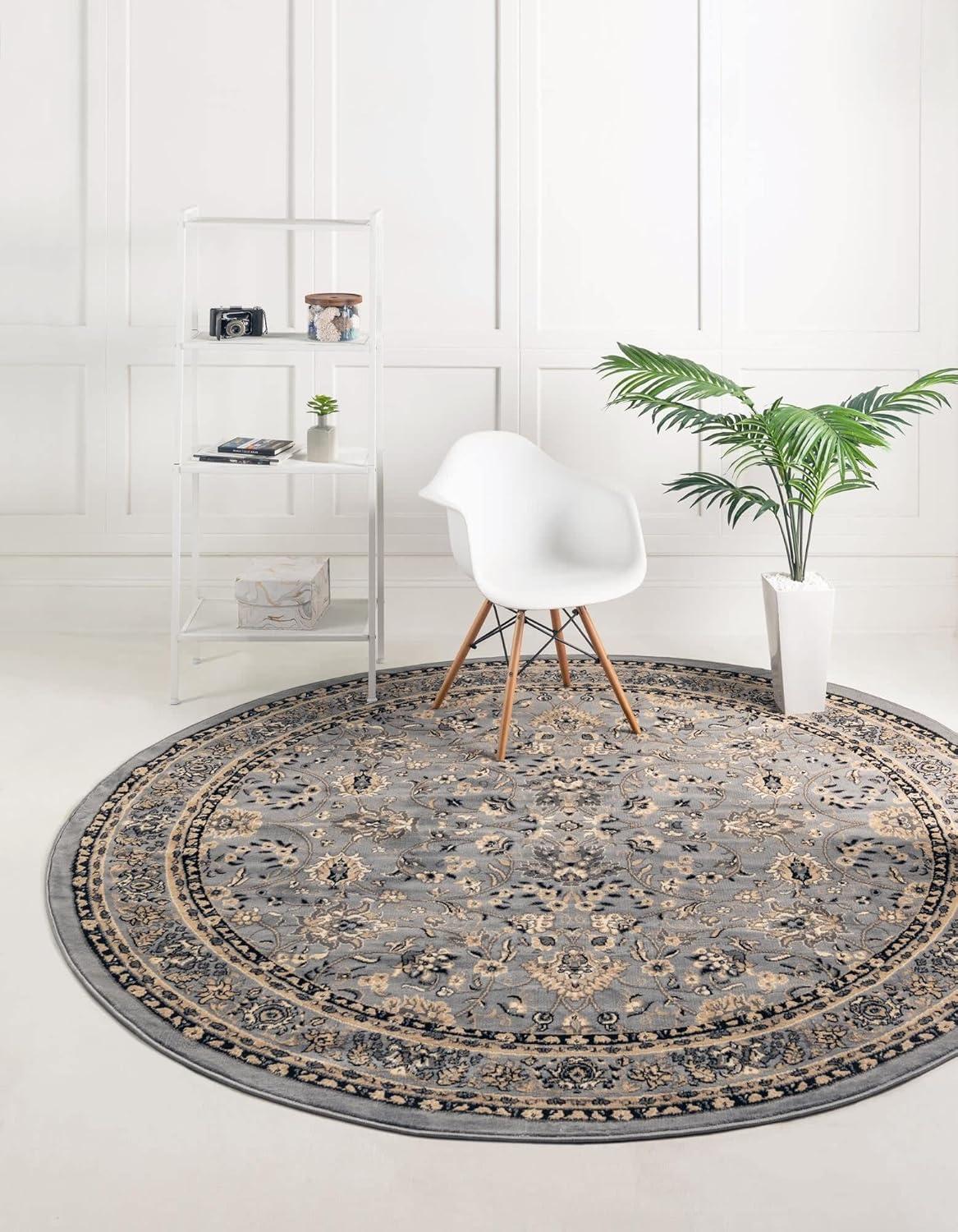 Unique Loom Sialk Hill Collection Area Rug - Washington (4' 1" Round Gray/Black) Floral Traditional Perfect For Living Room Bed Room Dining Room Office