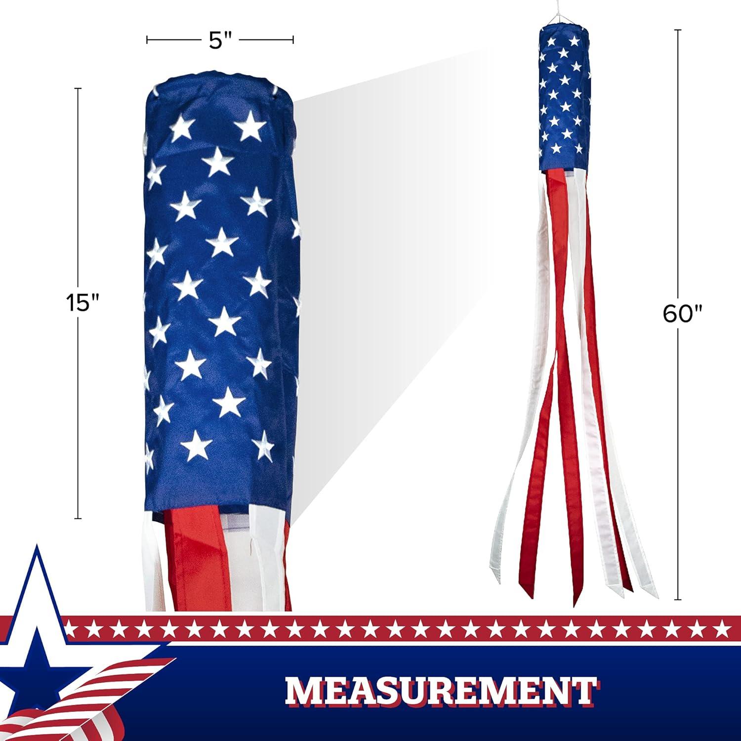 G128 - US American Windsock Flag | 60 inch | Embroidered 210D - Patriotic Hanging Decoration, Indoor/Outdoor, Vibrant Colors, Brass Grommets, Quality Polyester