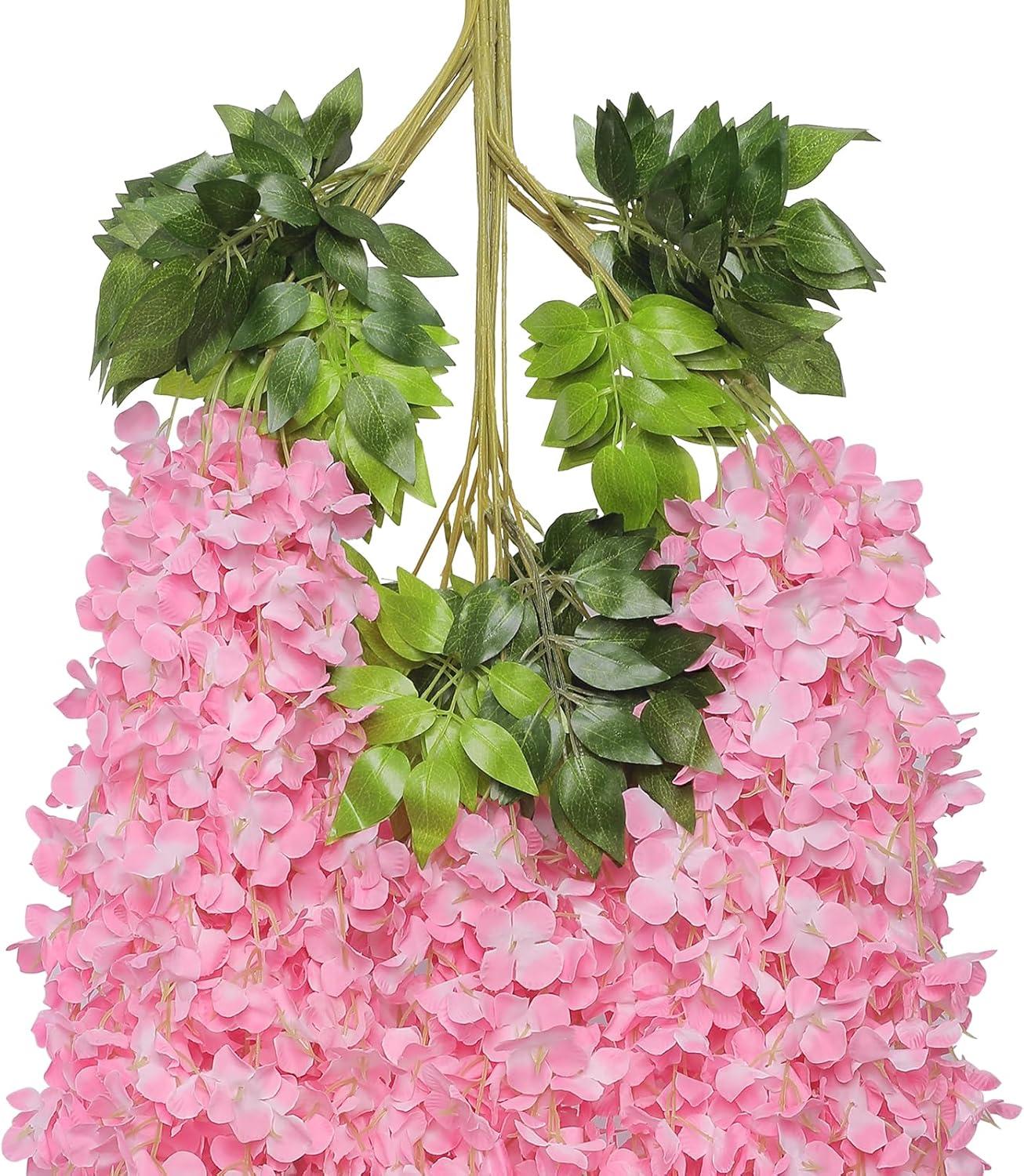 Wisteria Hanging Flowers 24 Pack Fake Flower Garland Artificial Wisteria Vines Rattan Silk Flower String Wedding Party Wall Decorations,Blush Pink