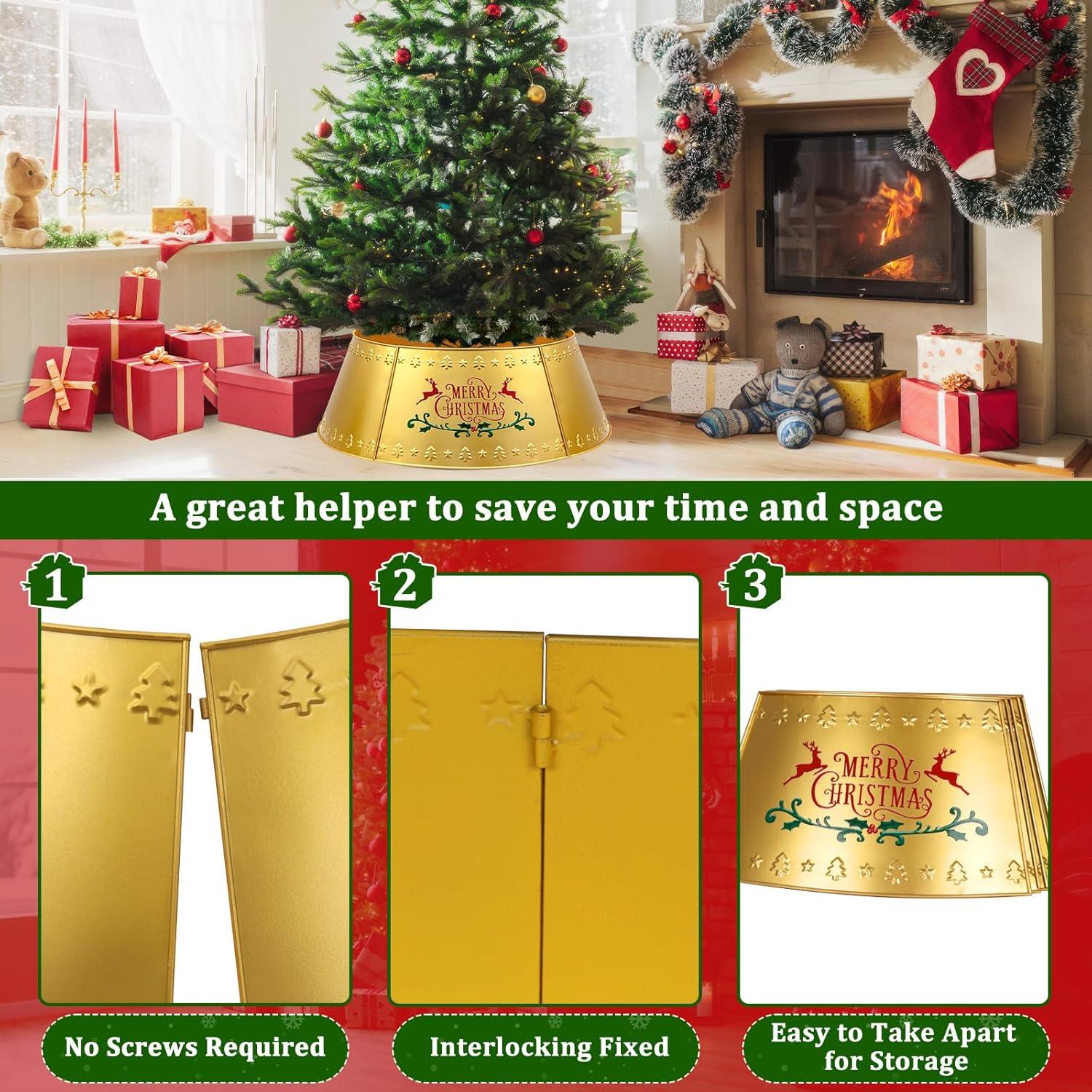 Nordic Hygge 28’’ Christmas Tree Collar, Gold Tree Skirt for Christmas Tree Decor, Christmas Tree Base Cover with Printed Patterns, Metal Tree Collar for Pencil Tree of Living Room