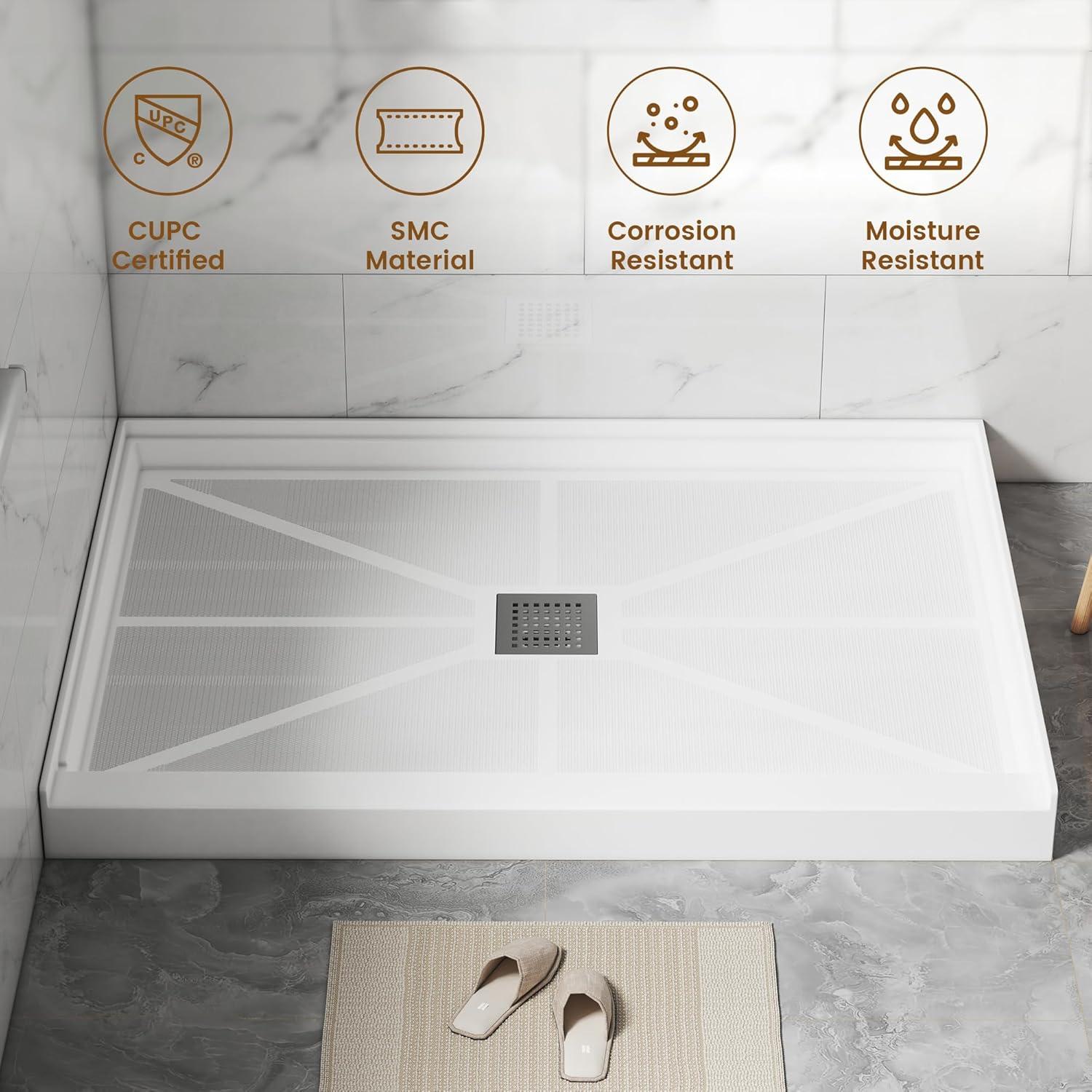 CASAINC 60"W 30/32"D Single Threshold SMC Shower Base Anti-Slip Shower Pan with Drain Assembly & Drain Cover CABR2501WH6030R