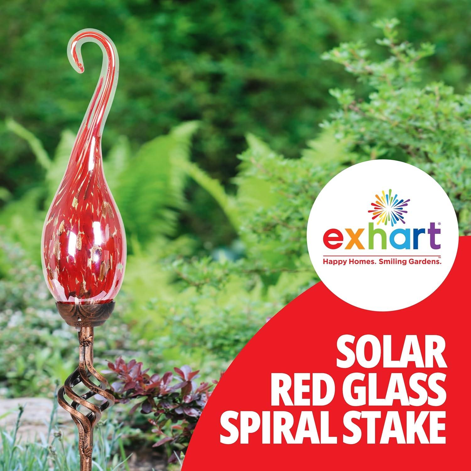 Exhart Solar Hand Blown Pearlized Glass Spiral Flame Garden Stake with Metal Finial Detail, 36 Inch