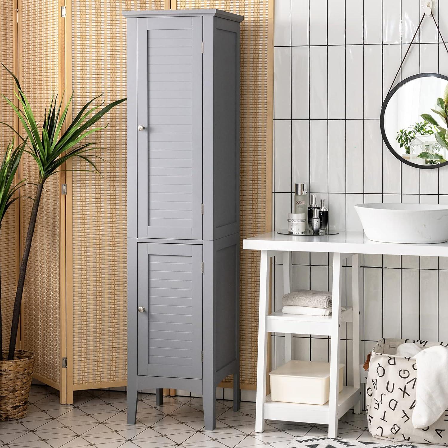 5 Tier  Freestanding Tower Cabinet Tall Bathroom Storage Cabinet Grey