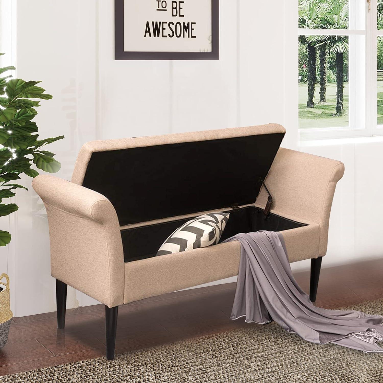 Exlonjet Storage Ottoman Bench with Arms Upholstered Tufted Storage Bench for Bedroom Entryway Living Room Fabric Tan