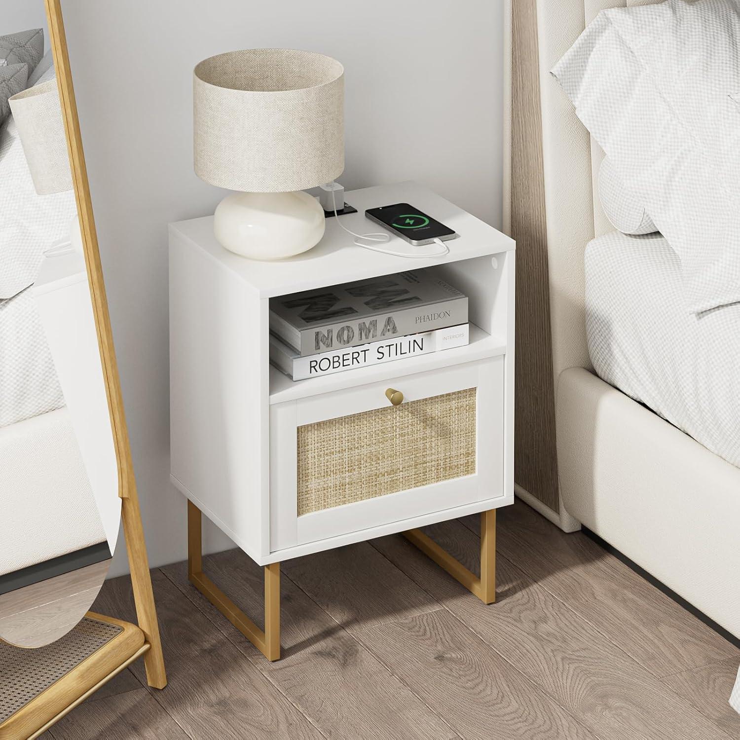 White and Gold Modern Rattan Nightstand with Drawer