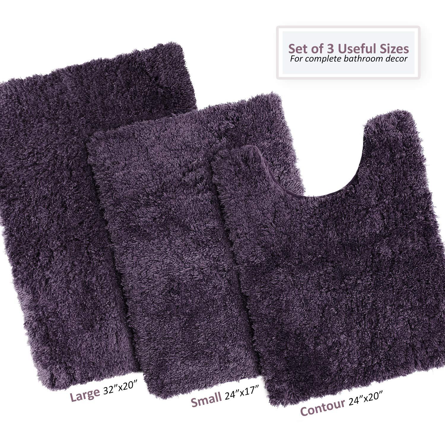 Clara Clark Set of 3 Absorbent Bath Mat Non-Slip Backing Rubber Bathroom Rugs, 17x24, 20x32, 32x48 Eggplant