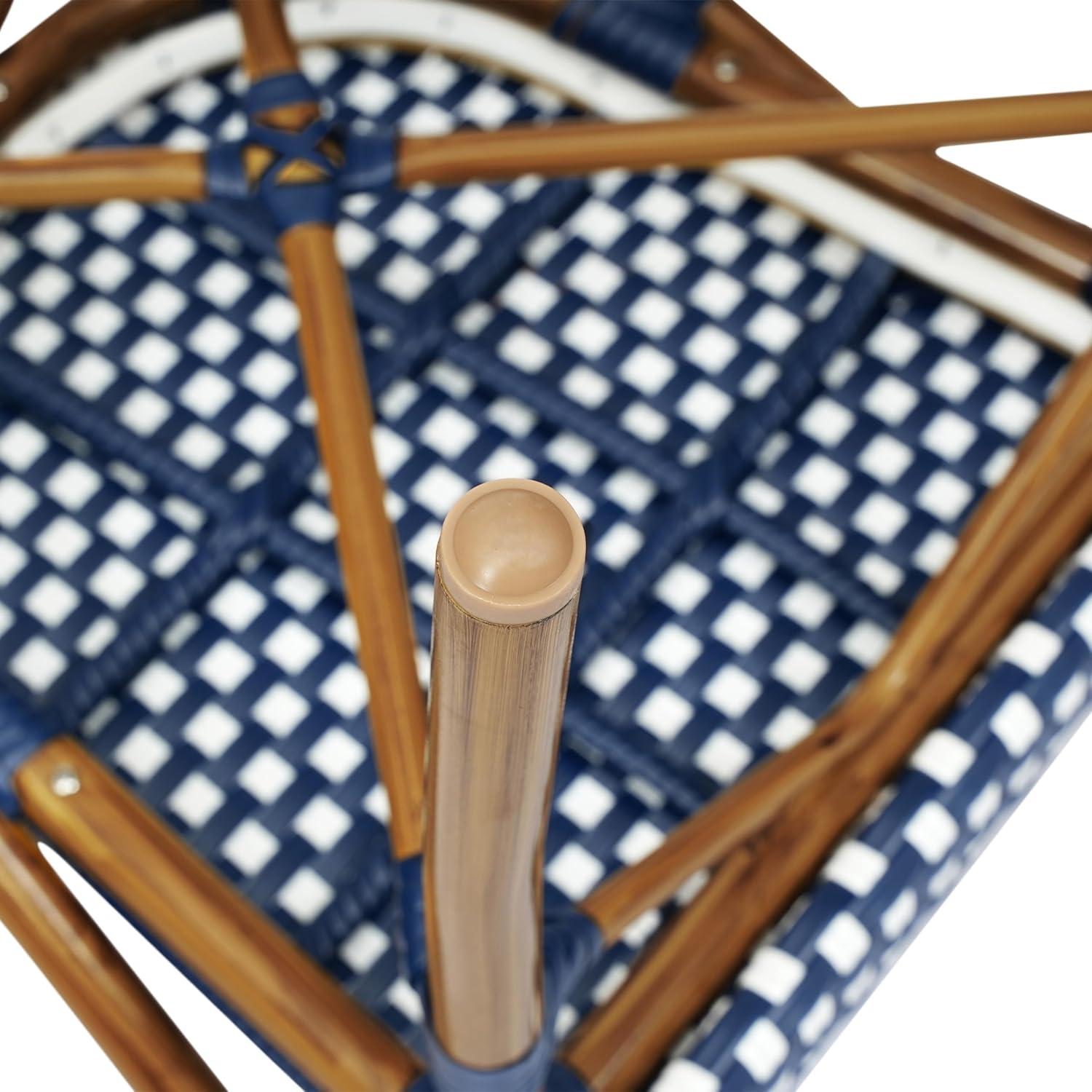 Flash Furniture 4 PK Bordeaux Indoor/Outdoor Commercial Bistro Stacking Chair w/ Arms, Navy & White PE Rattan & Bamboo Print Aluminum Frame in Natural