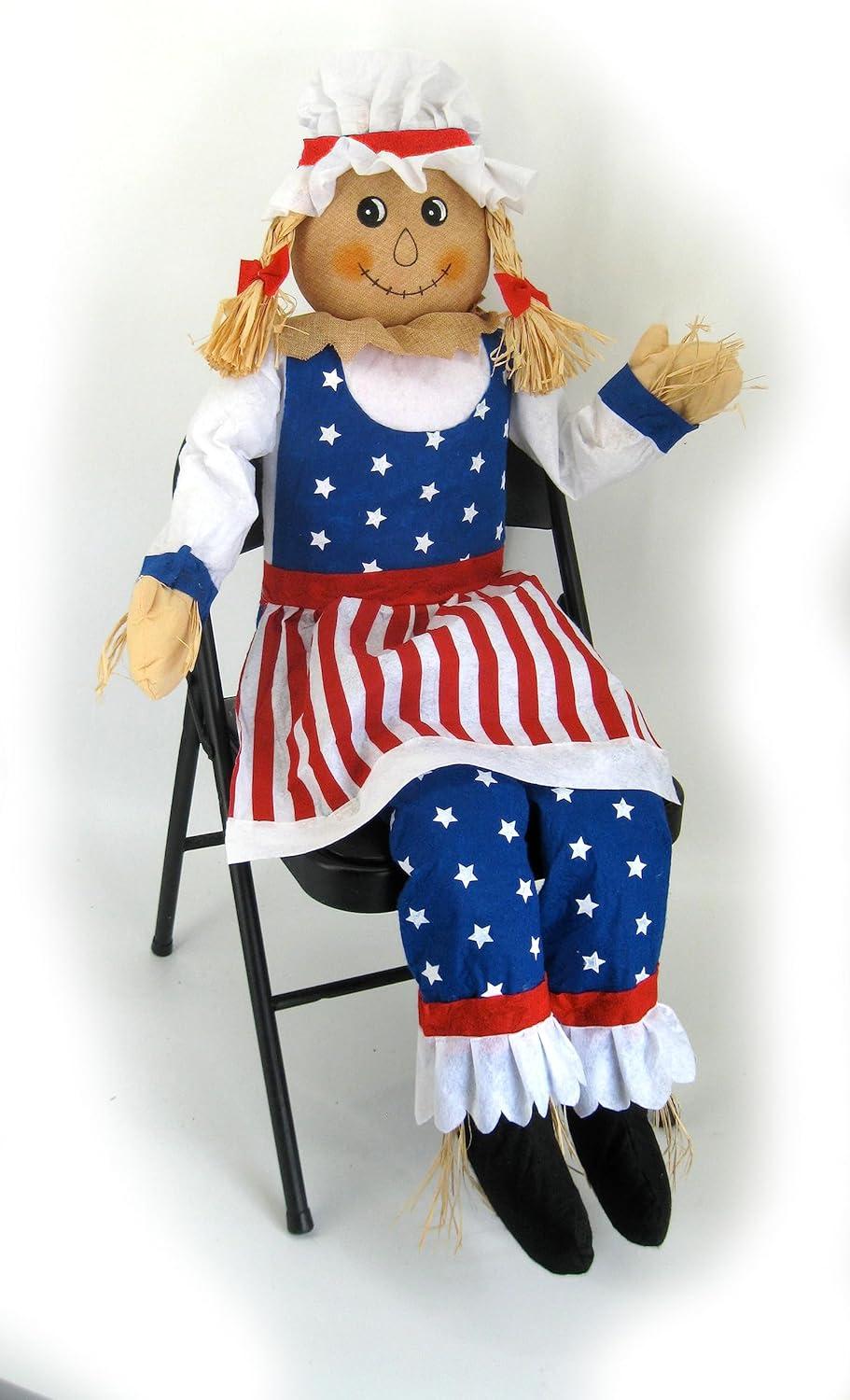 60" Large Sitting Scarecrow Mrs. Uncle Sam Patriotic Americana Fall Decoration 5'